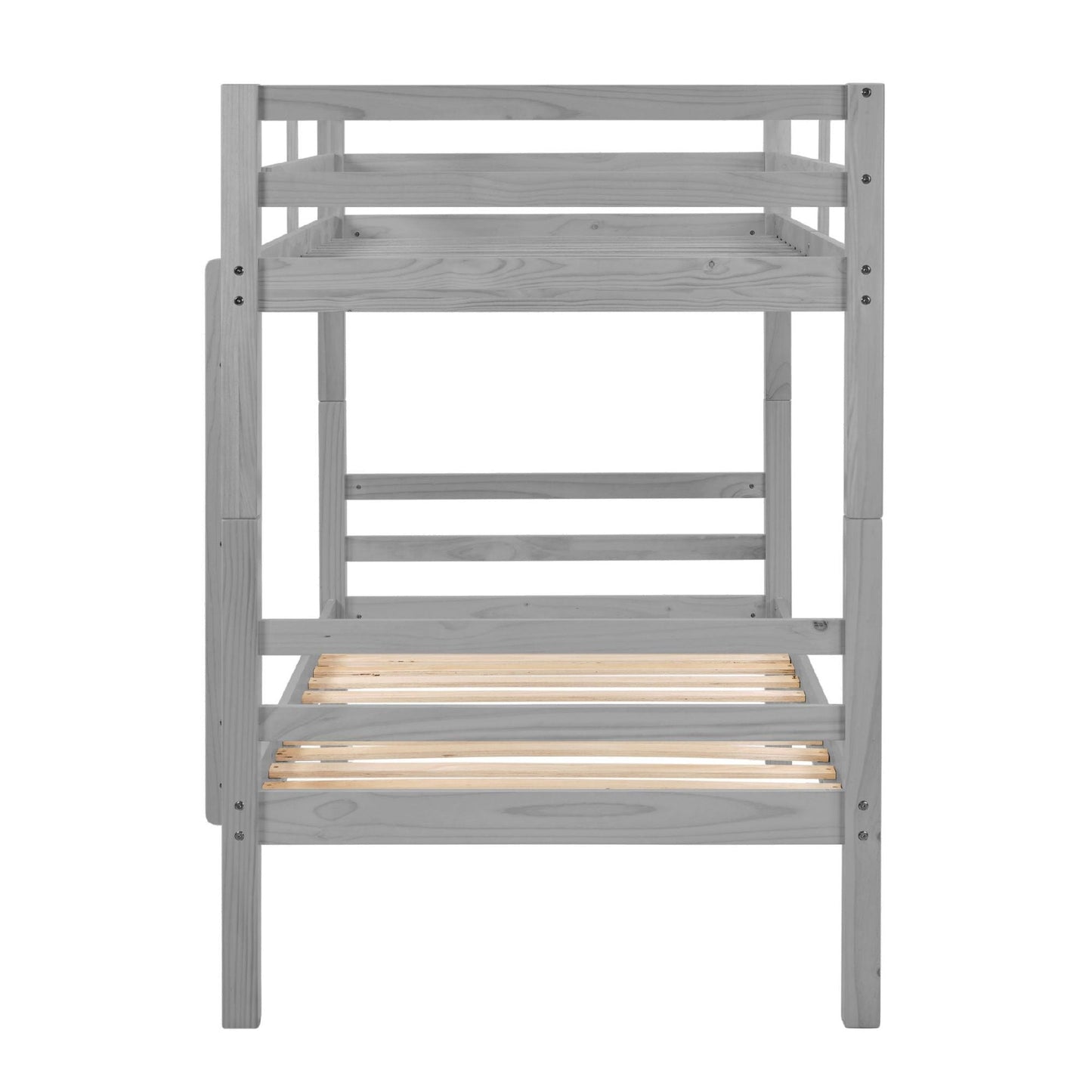 Heavy-Duty Twin Over Twin Wood Bunk Bed, Gray with Thick Posts, Ladder, and High Guardrail | Just Better Bunk Beds