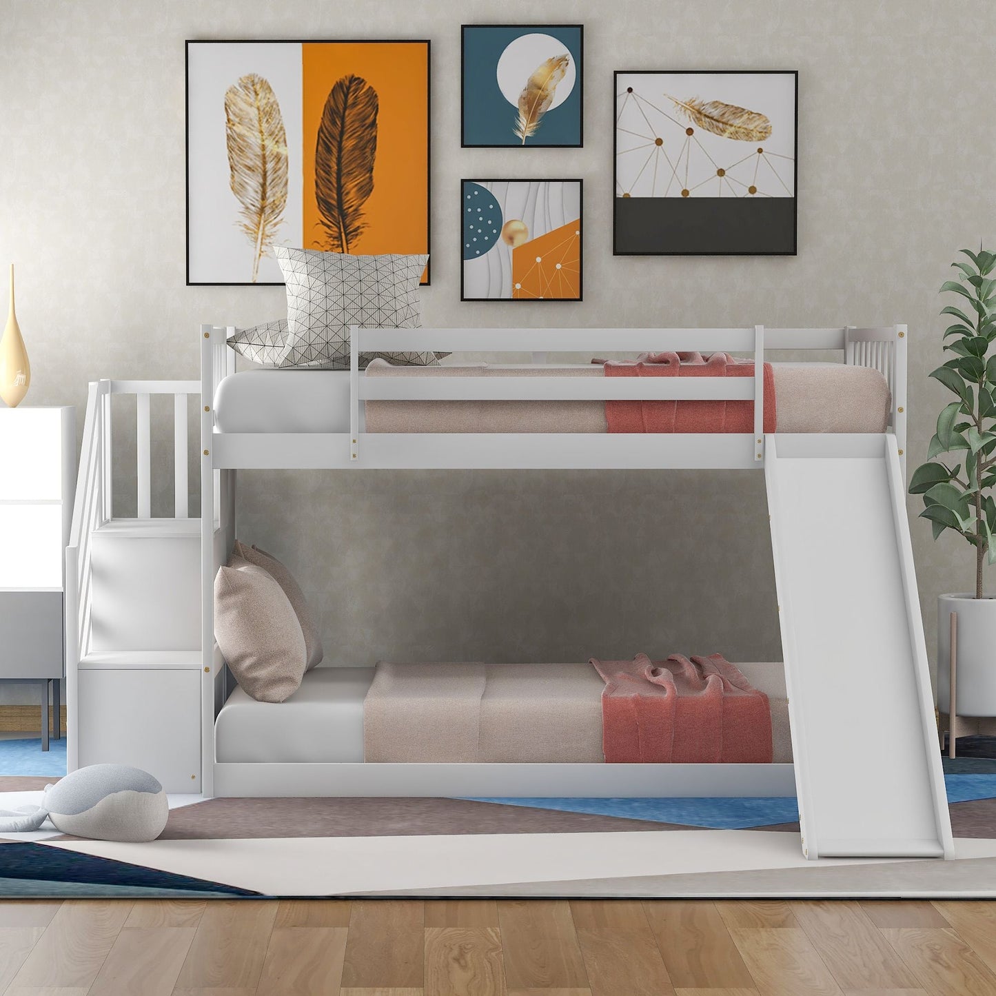 Convertible Twin Over Twin Wood Bunk Bed with Slide and Stairway, White | Just Better Bunk Beds
