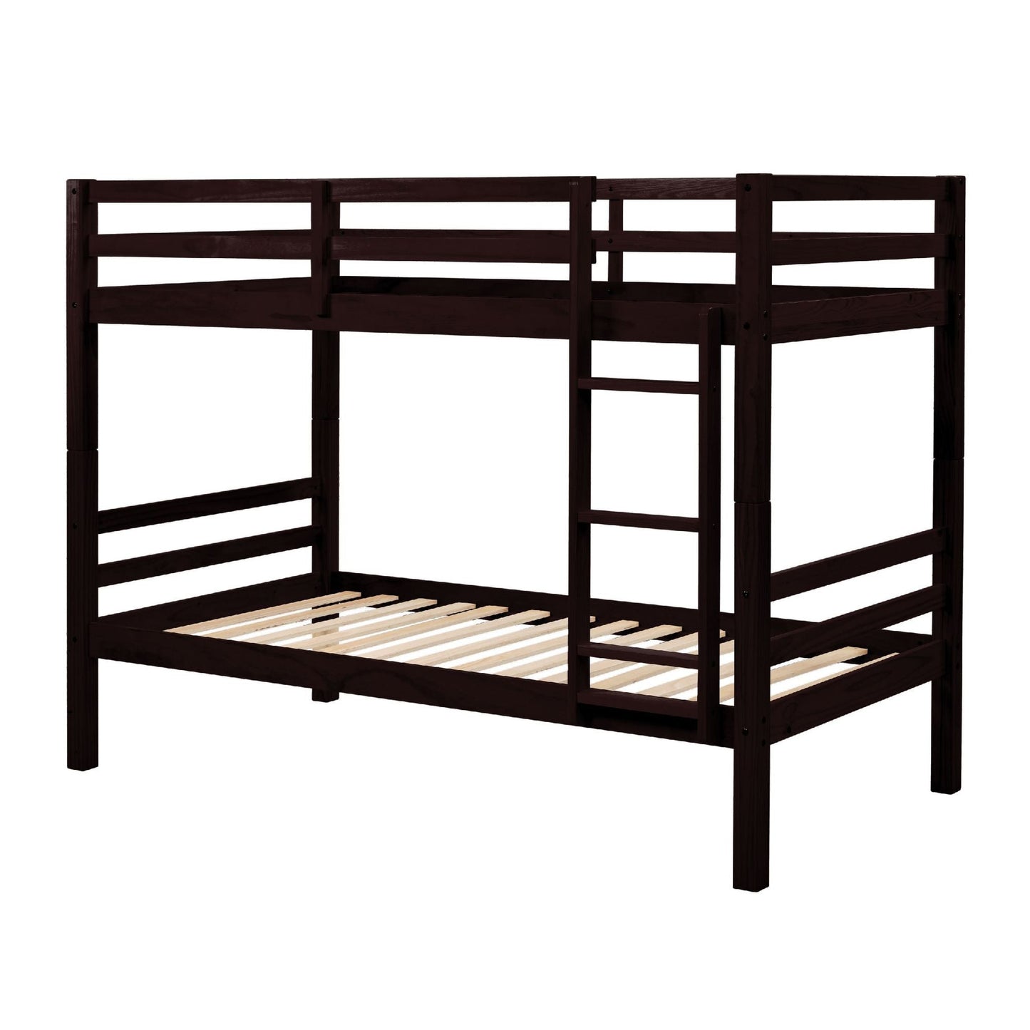 Heavy-Duty Twin Over Twin Wood Bunk Bed, Espresso with Thick Posts, Ladder, and High Guardrail | Just Better Bunk Beds