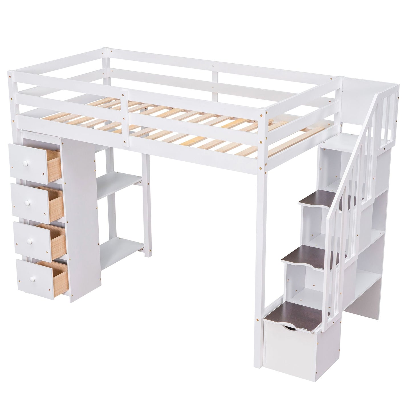 Kids Bedroom Twin Wood Loft Bed with Storage Drawers and Stairs, Espresso | Just Better Bunk Beds