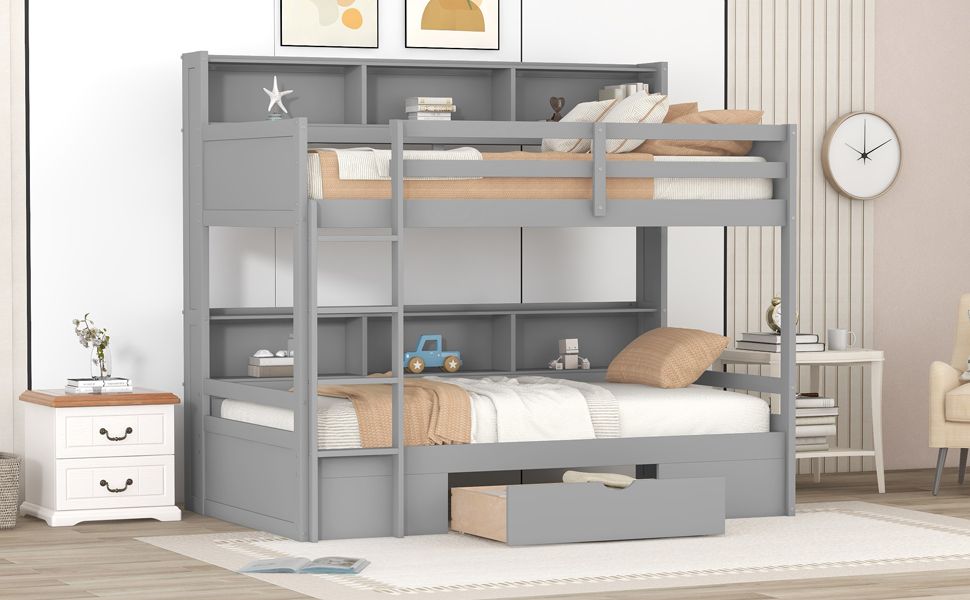 Shared Room Solution Twin Wood Bunk Bed with Built-In Shelves and Storage, White | Just Better Bunk Beds