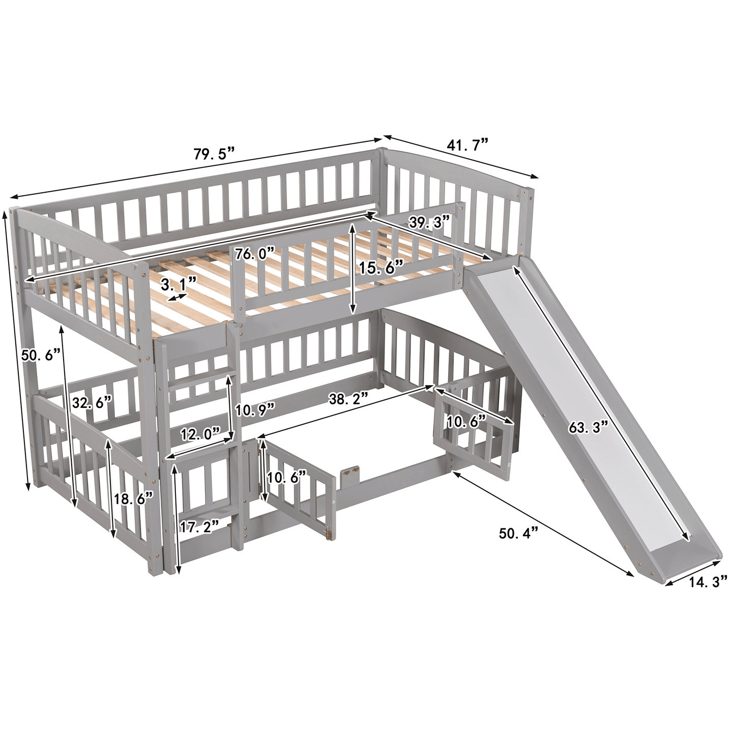 Safe Twin Over Twin Wood Low Bunk Bed with Slide, White with Fence and Ladder | Just Better Bunk Beds
