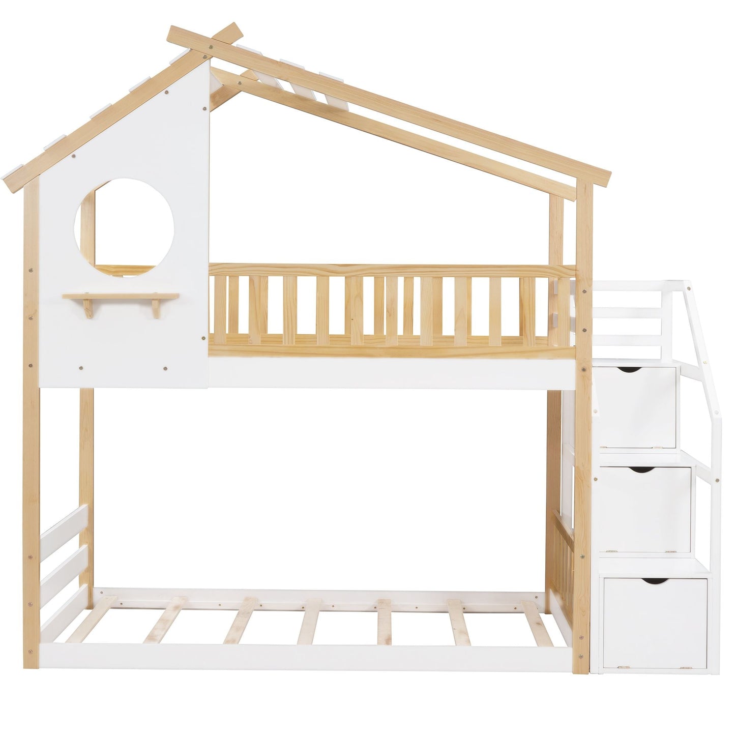 Staircase Storage Twin Over Twin Wood Bunk Bed with House Style, Storage, and Guard Rail, Natural and White | Just Better Bunk Beds