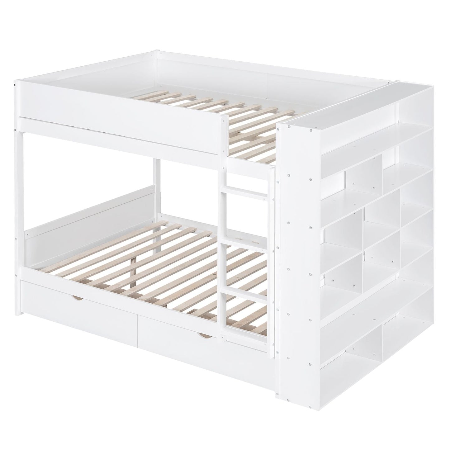 Organized Full Over Full Wood Bunk Bed with 2 Drawers and Multi-Layer Cabinet, White | Just Better Bunk Beds