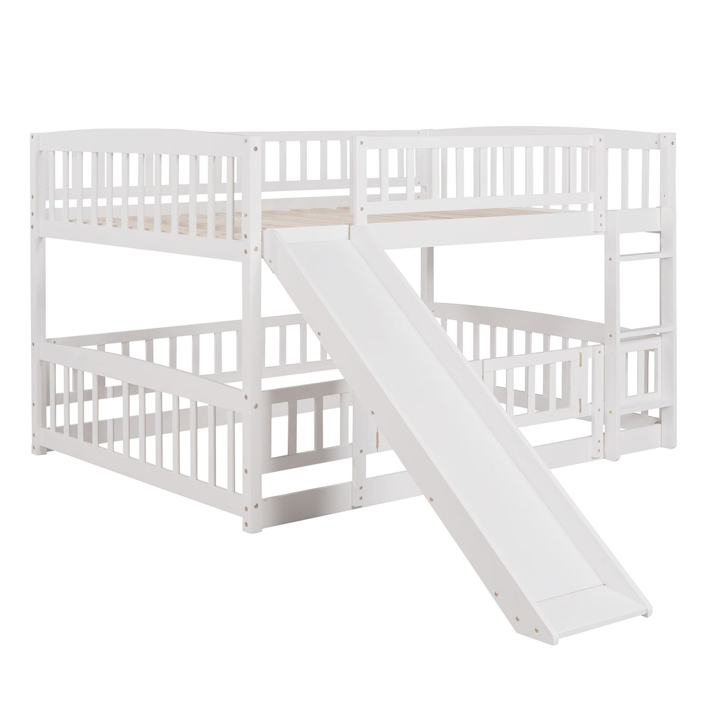 Kids Bedroom Full Over Full Wood Bunk Bed with Slide, Fence, Ladder, White | Just Better Bunk Beds