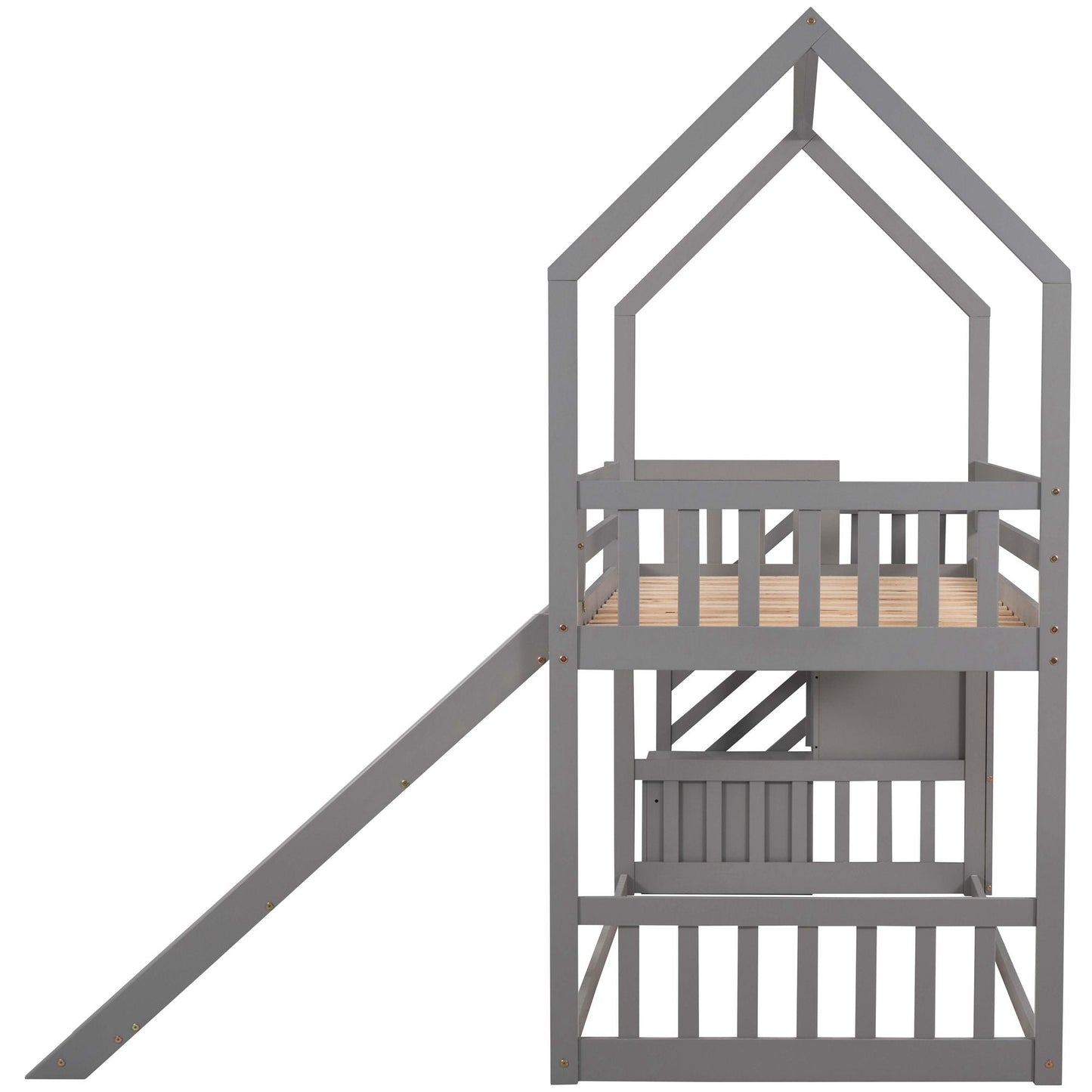 House-Style Twin Over Twin Wood Bunk Bed with Convertible Slide and Storage Staircase, Gray | Just Better Bunk Beds