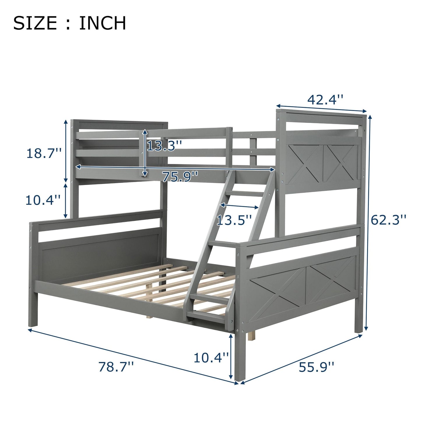 Twin over Full Bunk Bed with ladder,  Safety Guardrail,  Perfect for Bedroom,  Gray