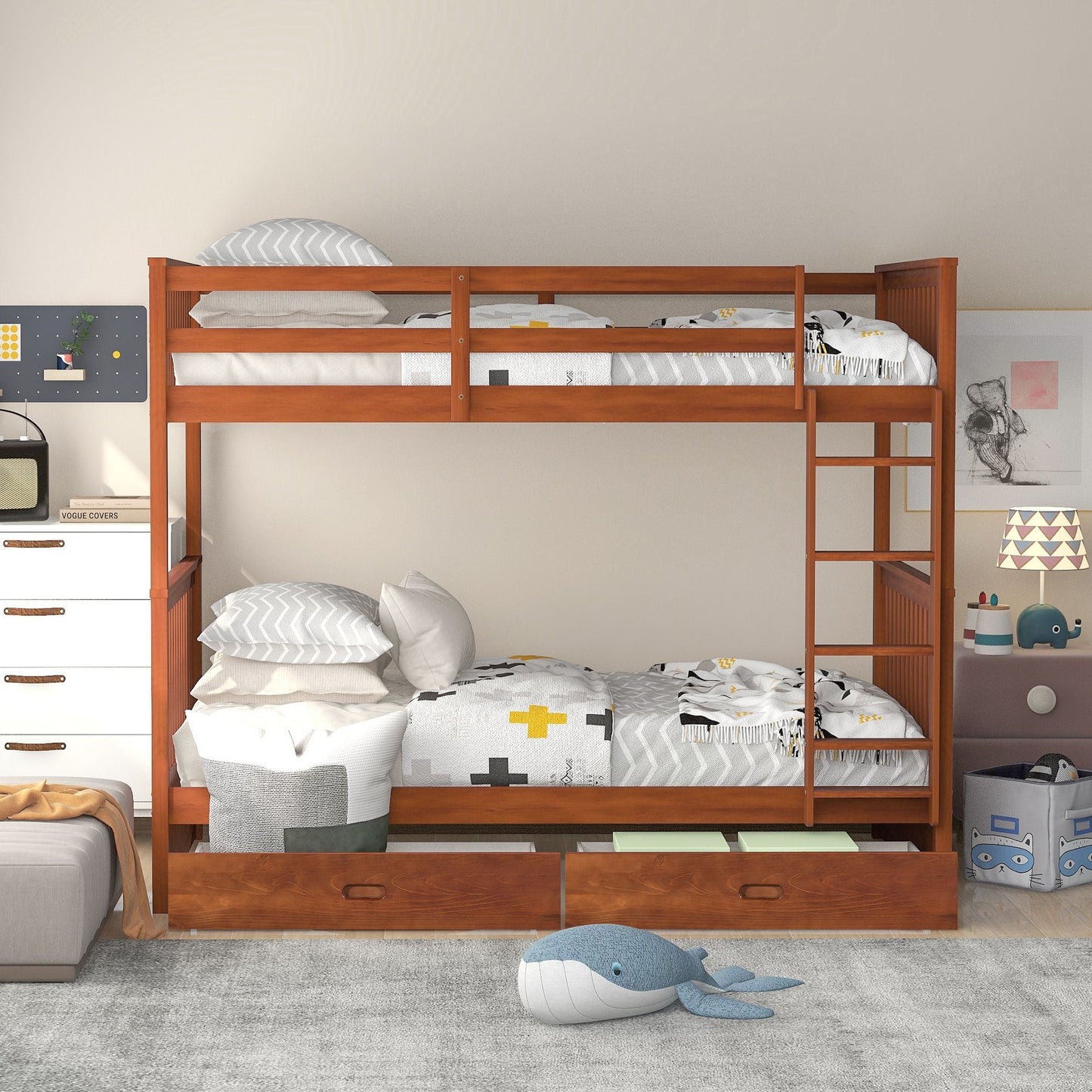 Organized Twin Over Twin Wood Bunk Bed with Ladders and Two Storage Drawers, Walnut | Just Better Bunk Beds