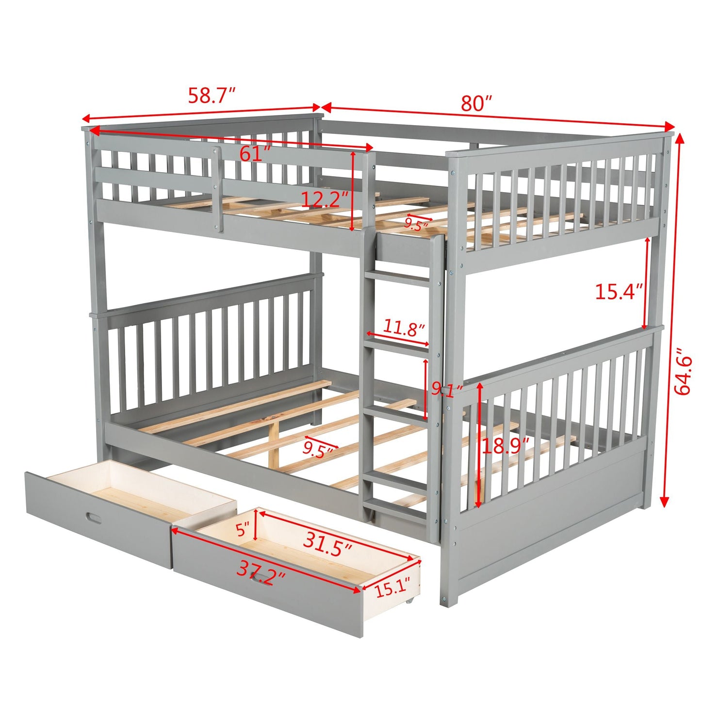 Storage-Enhanced Full Over Full Wood Bunk Bed with Ladders, Two Drawers, White | Just Better Bunk Beds