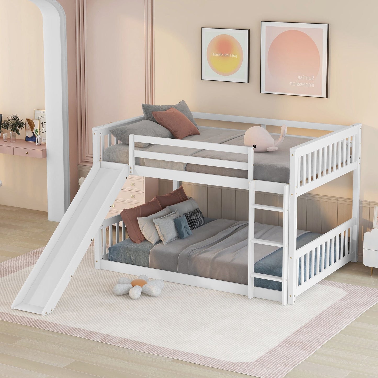 Space-Saving Full Over Full Wood Bunk Bed with Slide and Safety Guardrails, White | Just Better Bunk Beds
