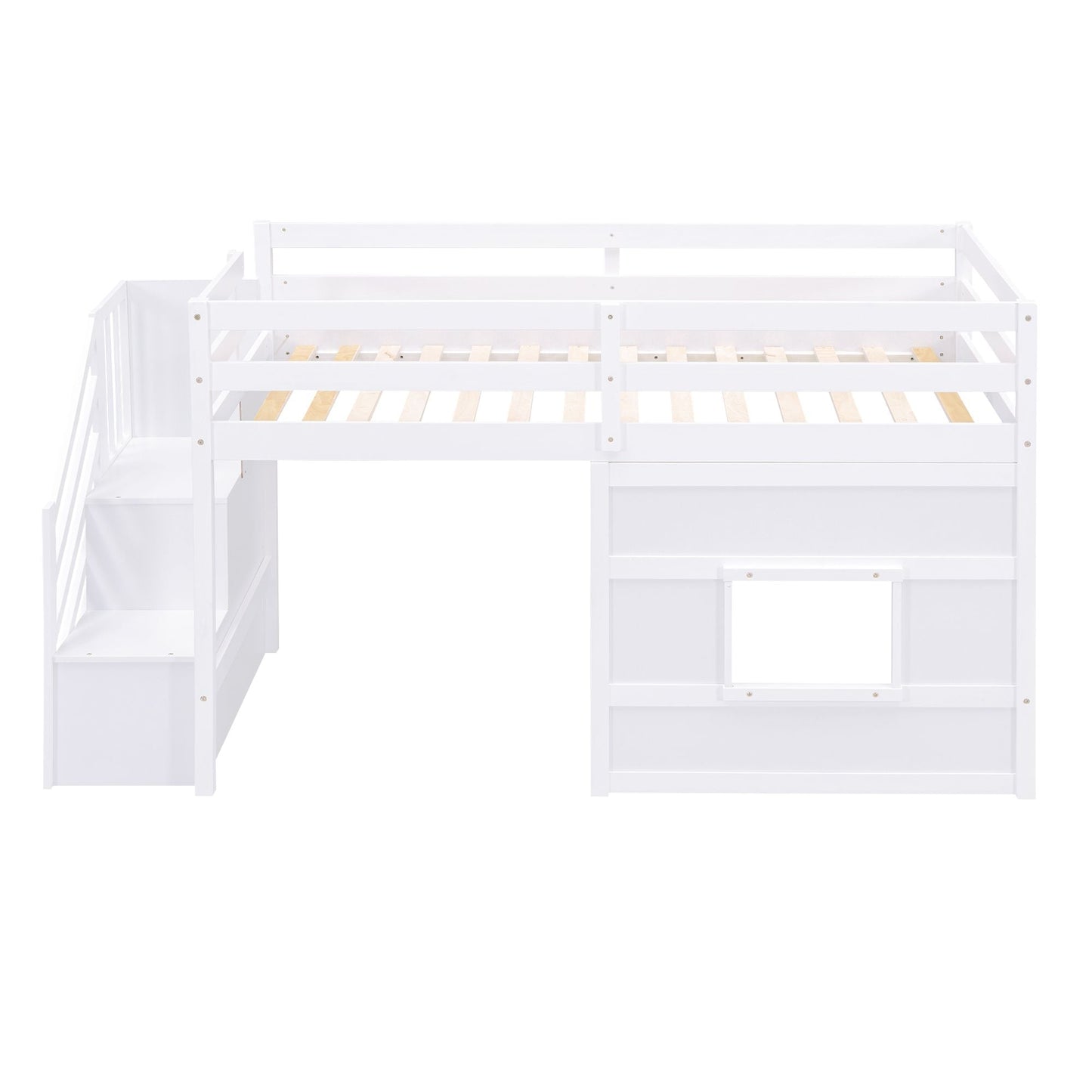 Space-Saving Twin Loft Wood Bed with Storage Staircase and Window, White | Just Better Bunk Beds