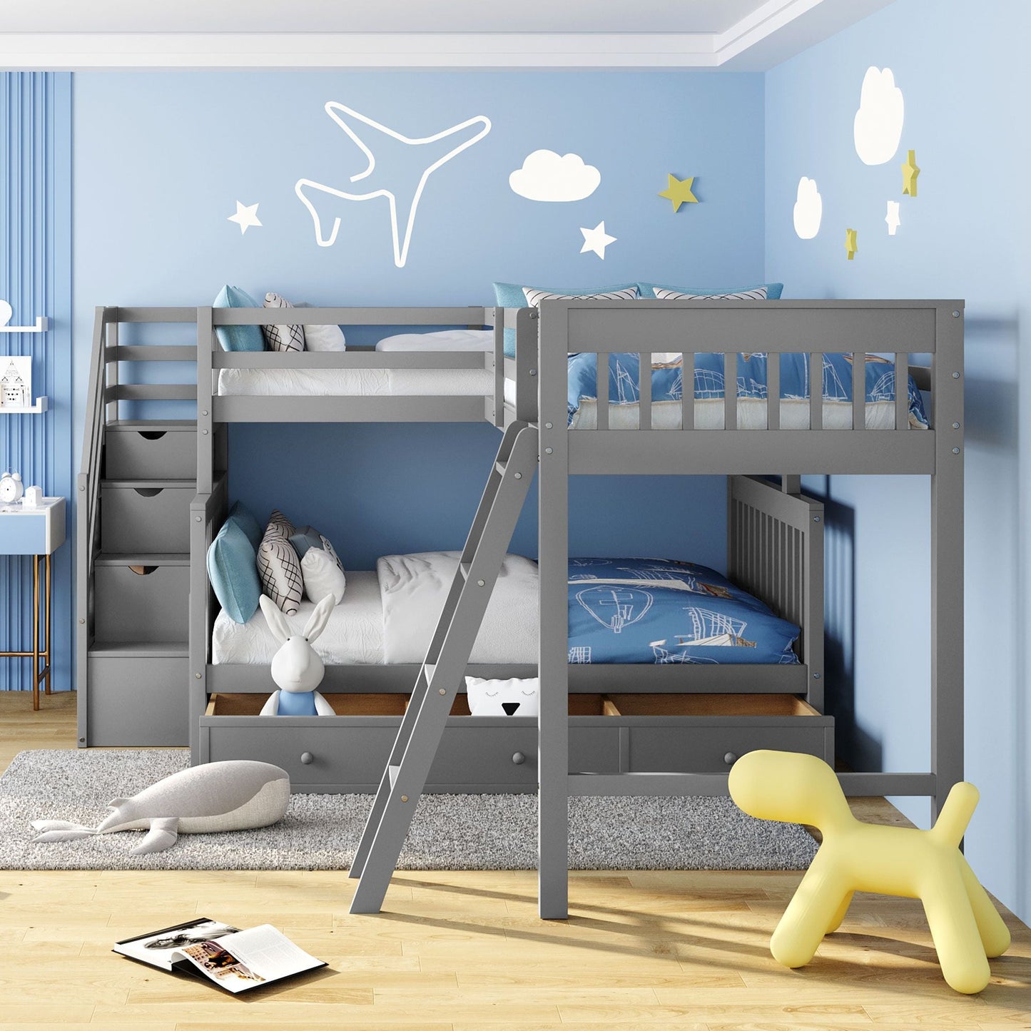 Twin over Full L-Shaped Bunk Bed With 3 Drawers,  Ladder and Staircase - Gray