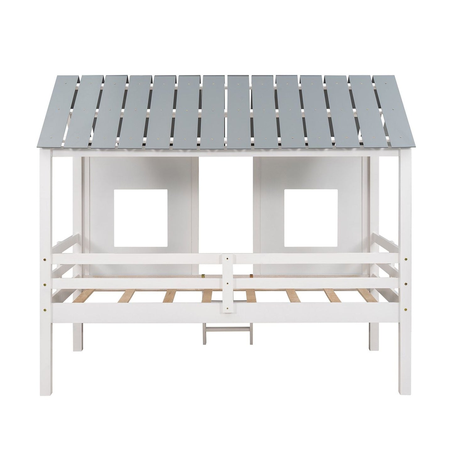House-Style Twin Low Loft Wood Bed with Roof and Two Front Windows, White | Just Better Bunk Beds