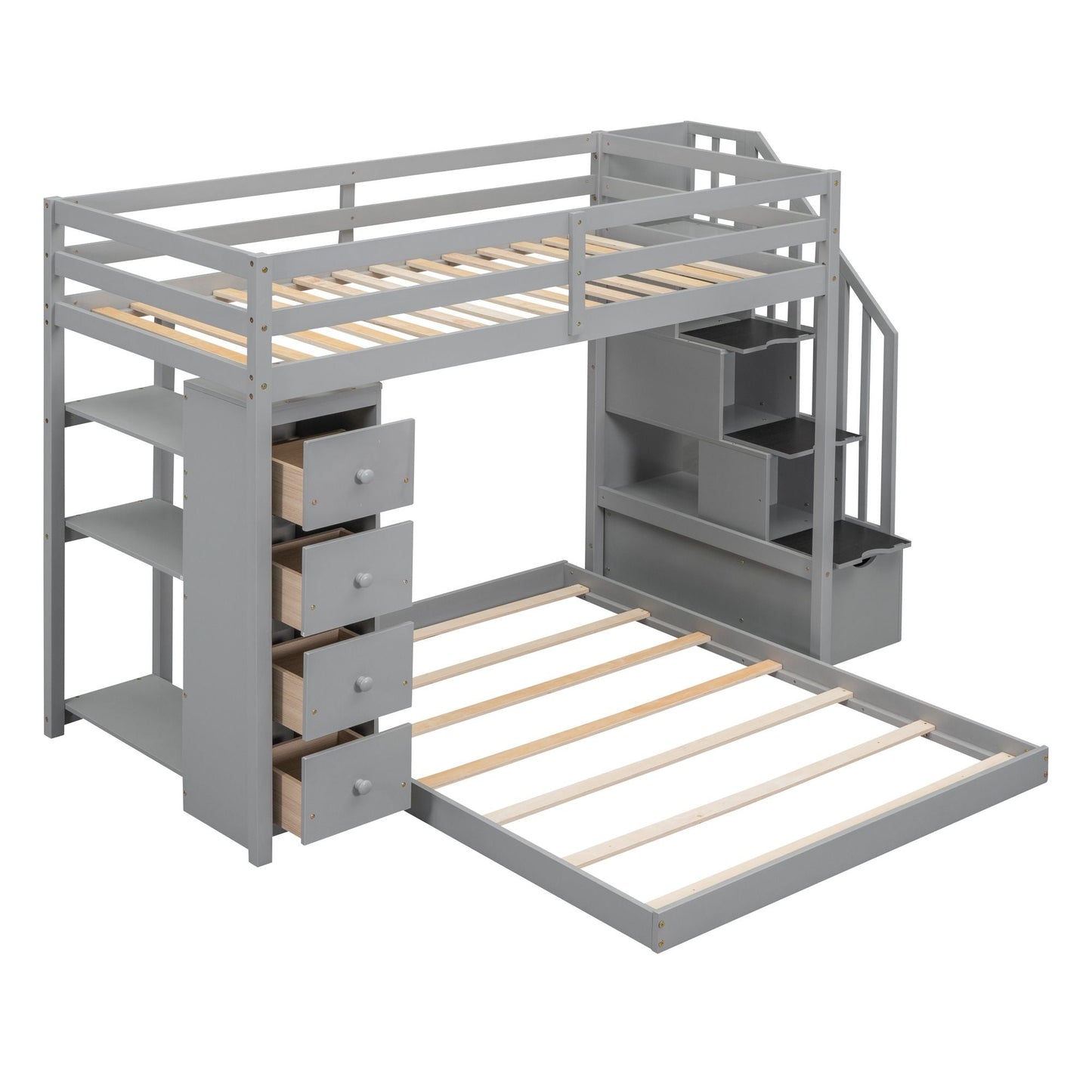Staircase Storage Twin Over Full Wood Bunk Bed with Shelves and Drawers, Gray | Just Better Bunk Beds