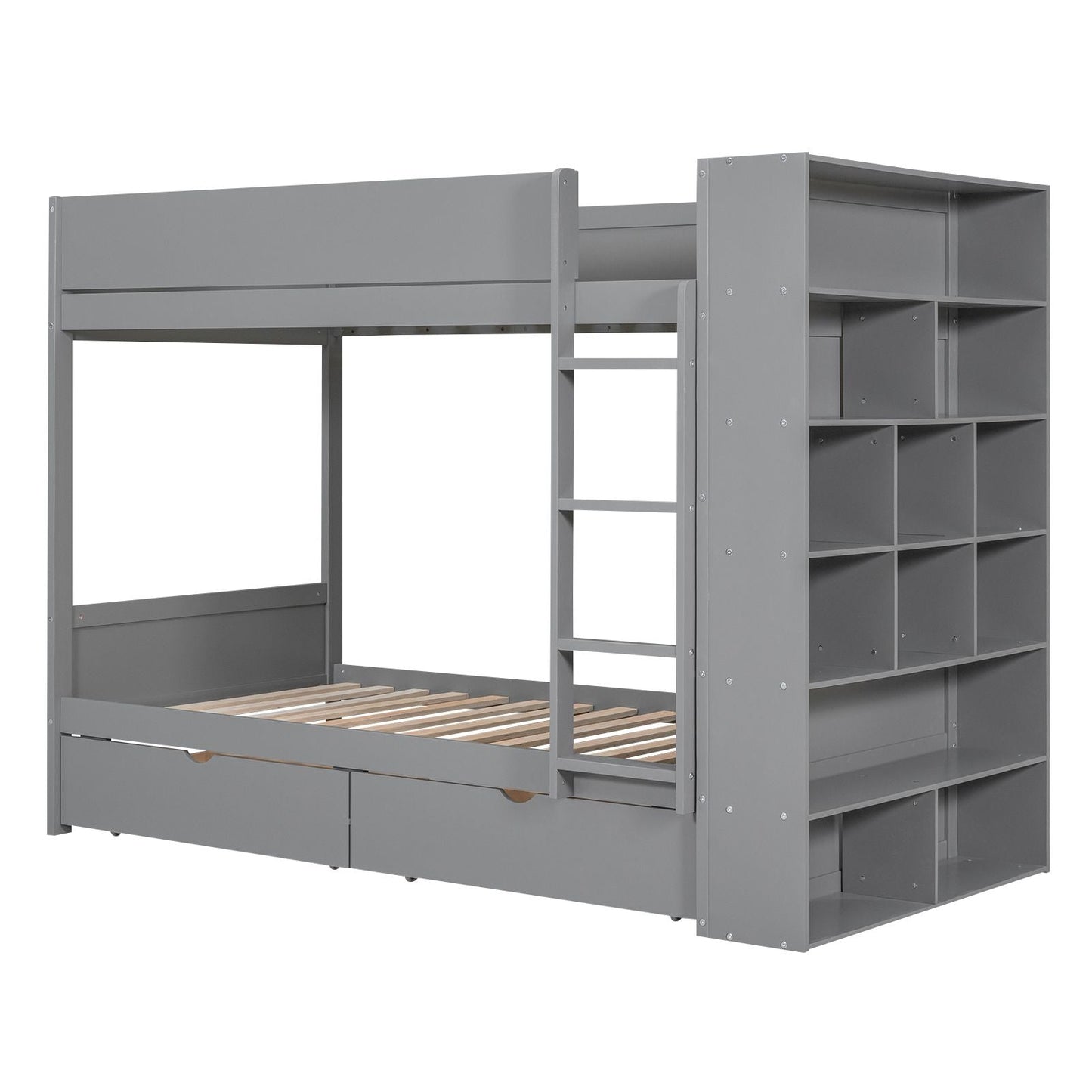 Twin over Twin Bunk Bed With 2 Drawers and Multi-layer Cabinet,  Gray