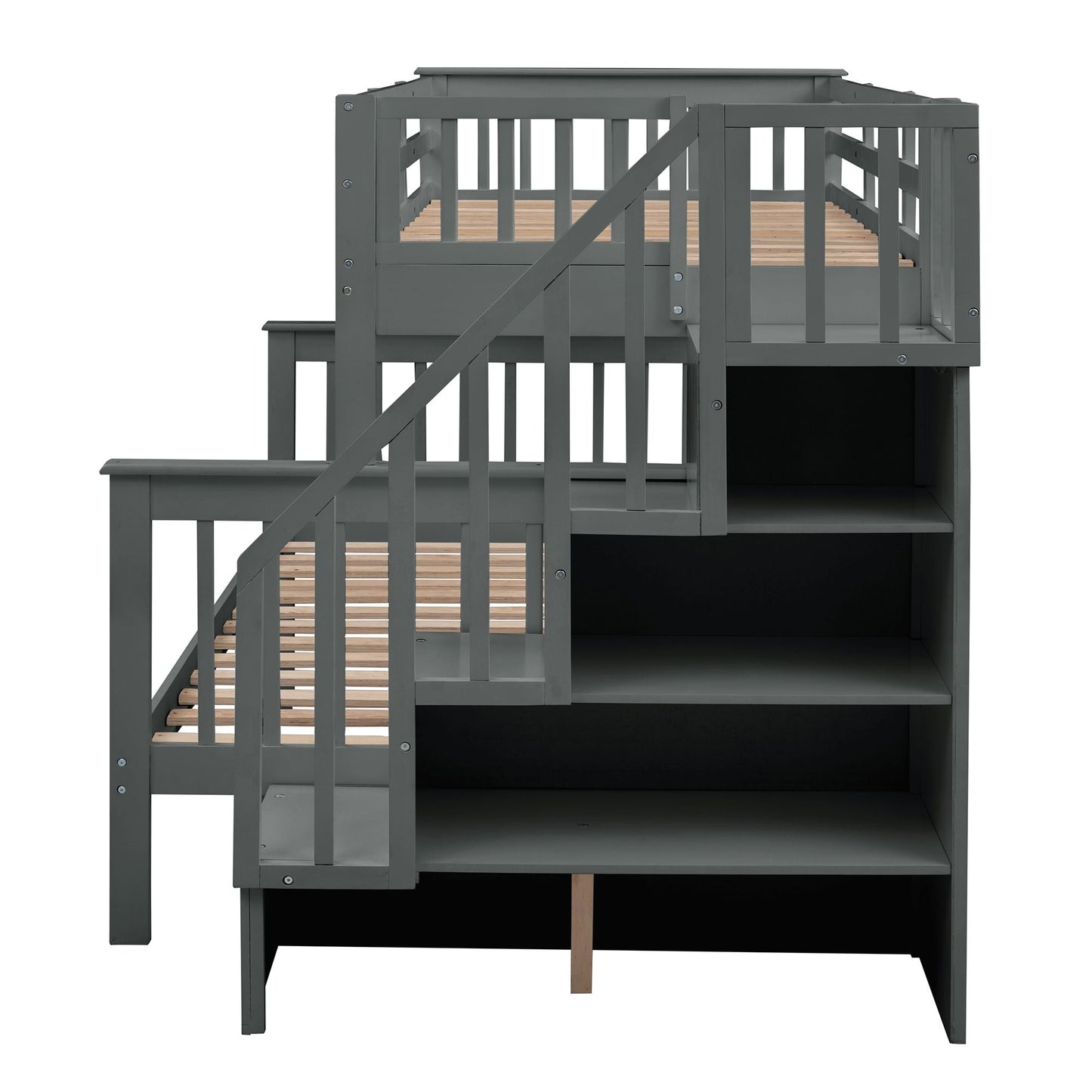 Staircase Storage Twin Over Full Wood Bunk Bed with Trundle, Storage, and Guard Rail, Gray | Just Better Bunk Beds