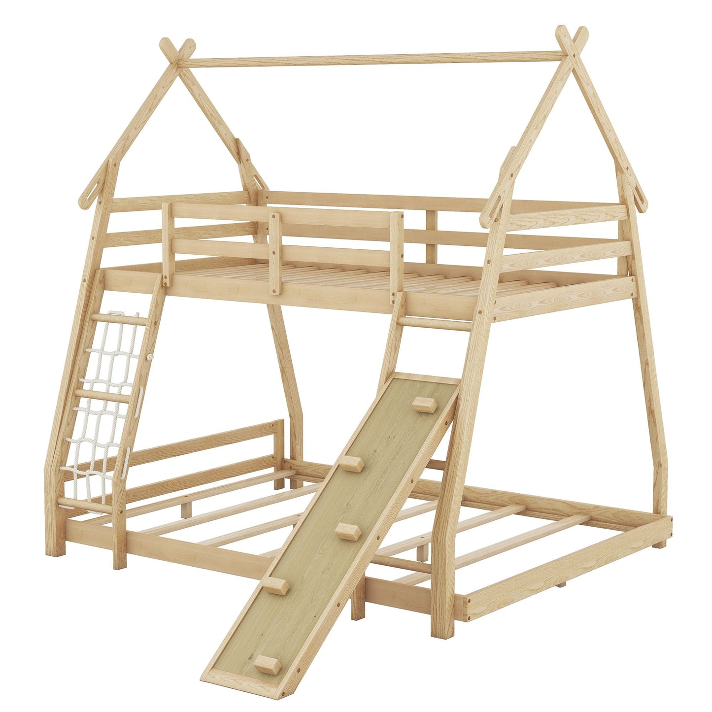 Shared Room Solution Twin Over Queen Wood House Bunk Bed with Climbing Nets and Ramp, Natural | Just Better Bunk Beds