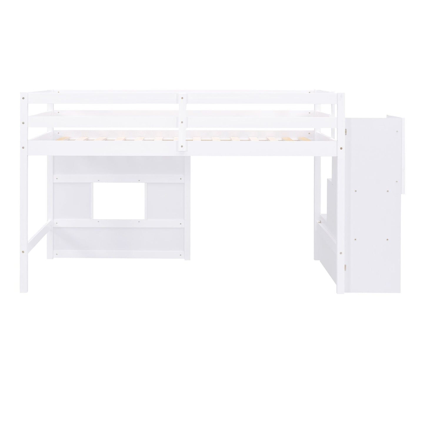 Space-Saving Twin Loft Wood Bed with Storage Staircase and Window, White | Just Better Bunk Beds