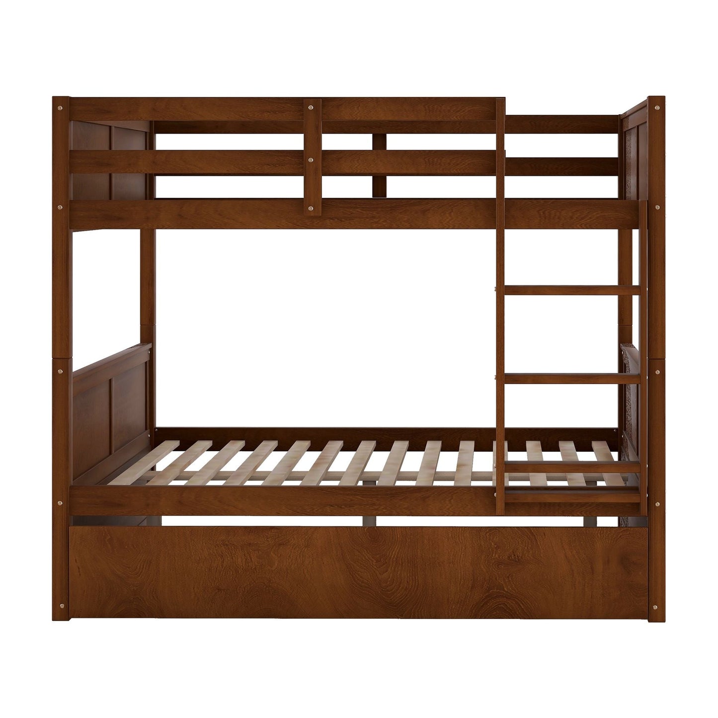 Space-Saving Full Over Full Wood Bunk Bed with Twin Trundle, Walnut | Just Better Bunk Beds