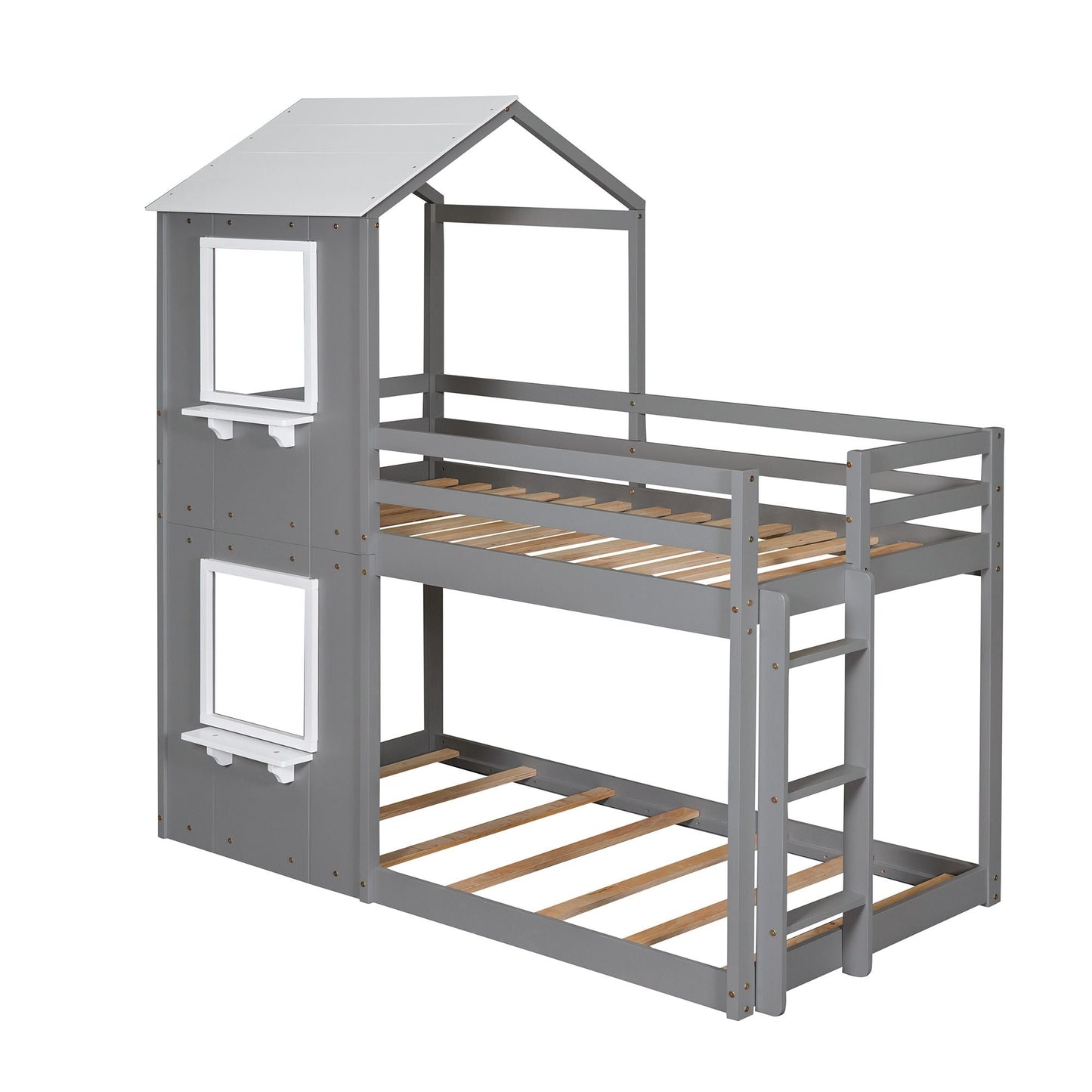 Twin Over Twin Bunk Bed Wood Bed with Roof,  Window,  Guardrail,  Ladder White