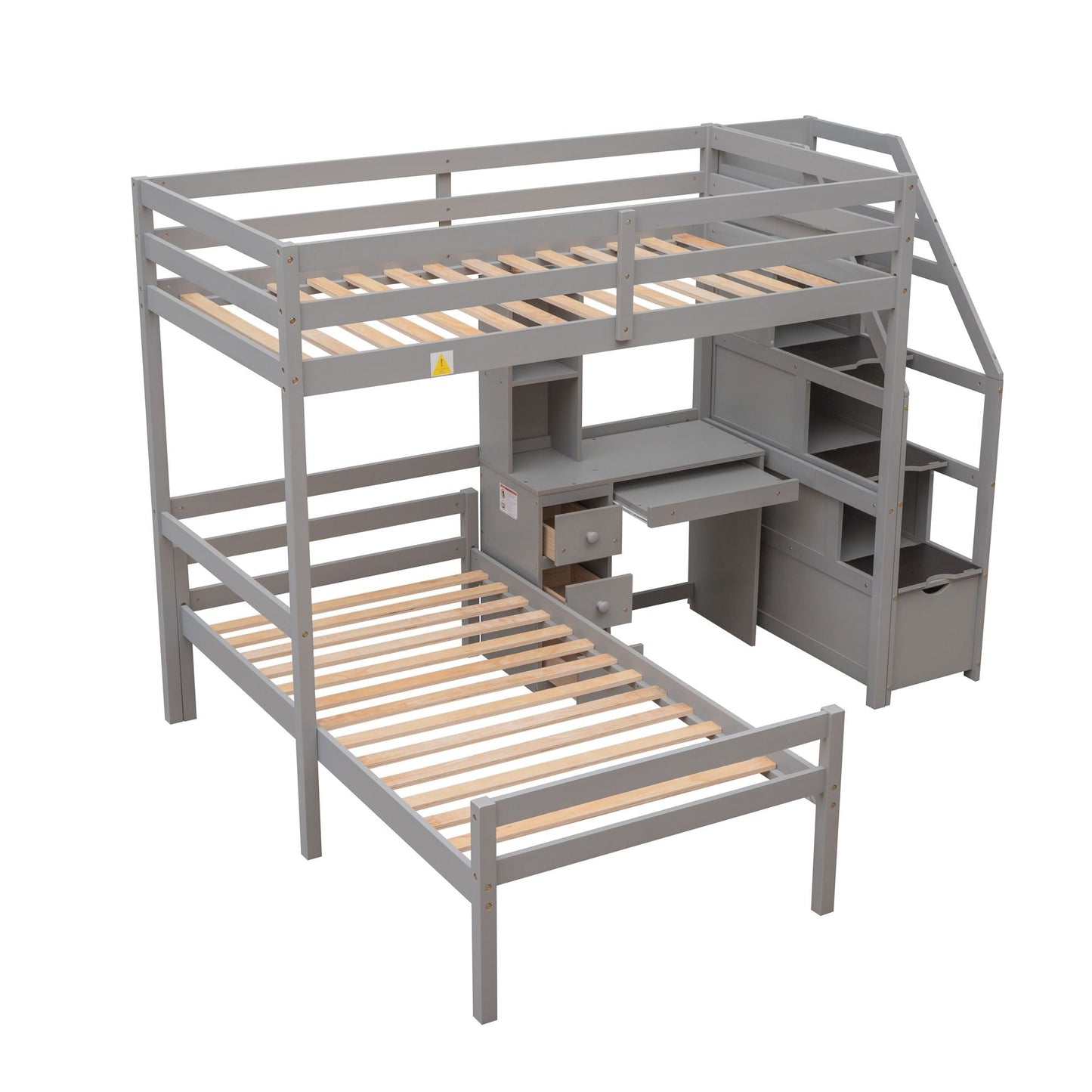 Space-Saving Twin Wood Loft Bed with Stand-Alone Bed, Storage Staircase, Desk, Shelves and Drawers, White | Just Better Bunk Beds