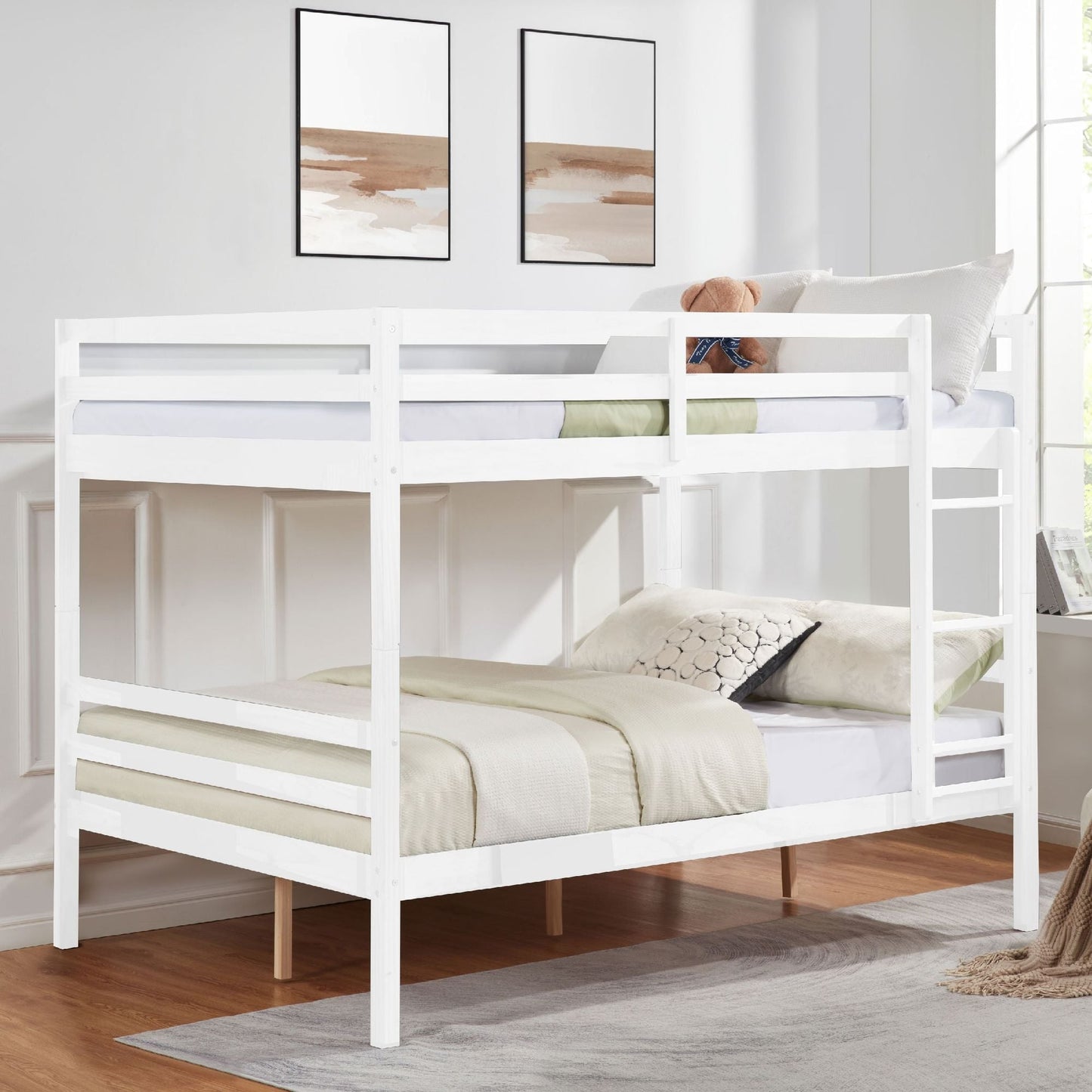 Dorm Room Full Over Full Wood Bunk Bed with Ladder and Guardrail, White | Just Better Bunk Beds