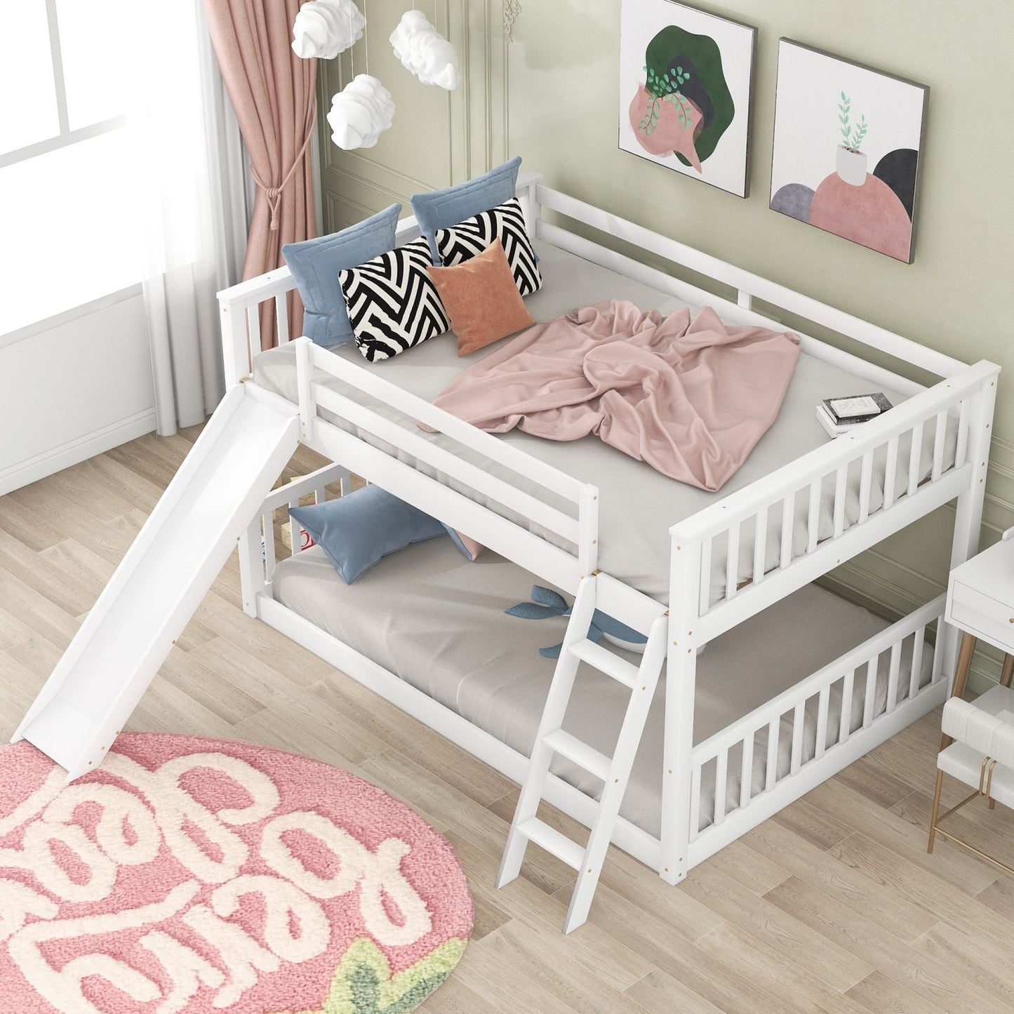 House-Style Full Over Full Wood Bunk Bed with Convertible Slide and Ladder, White | Just Better Bunk Beds
