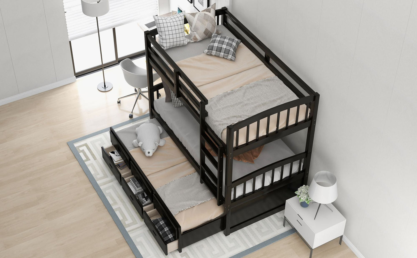 Space-Saving Twin Over Twin Wood Bunk Bed, White with Trundle and Drawers | Just Better Bunk Beds