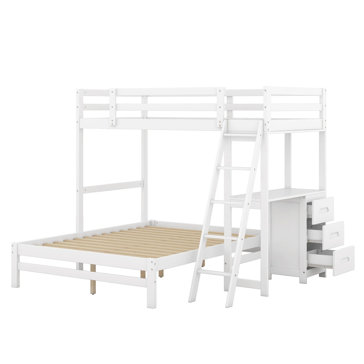 Space-Saving Twin Over Full Wood Bunk Bed with Built-In Desk and Three Drawers, White | Just Better Bunk Beds