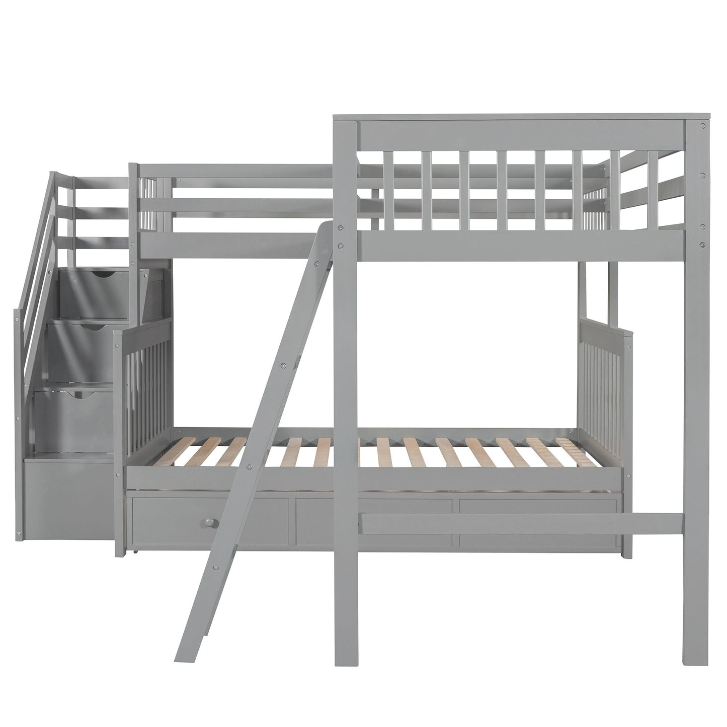 Twin over Full L-Shaped Bunk Bed With 3 Drawers,  Ladder and Staircase - Gray