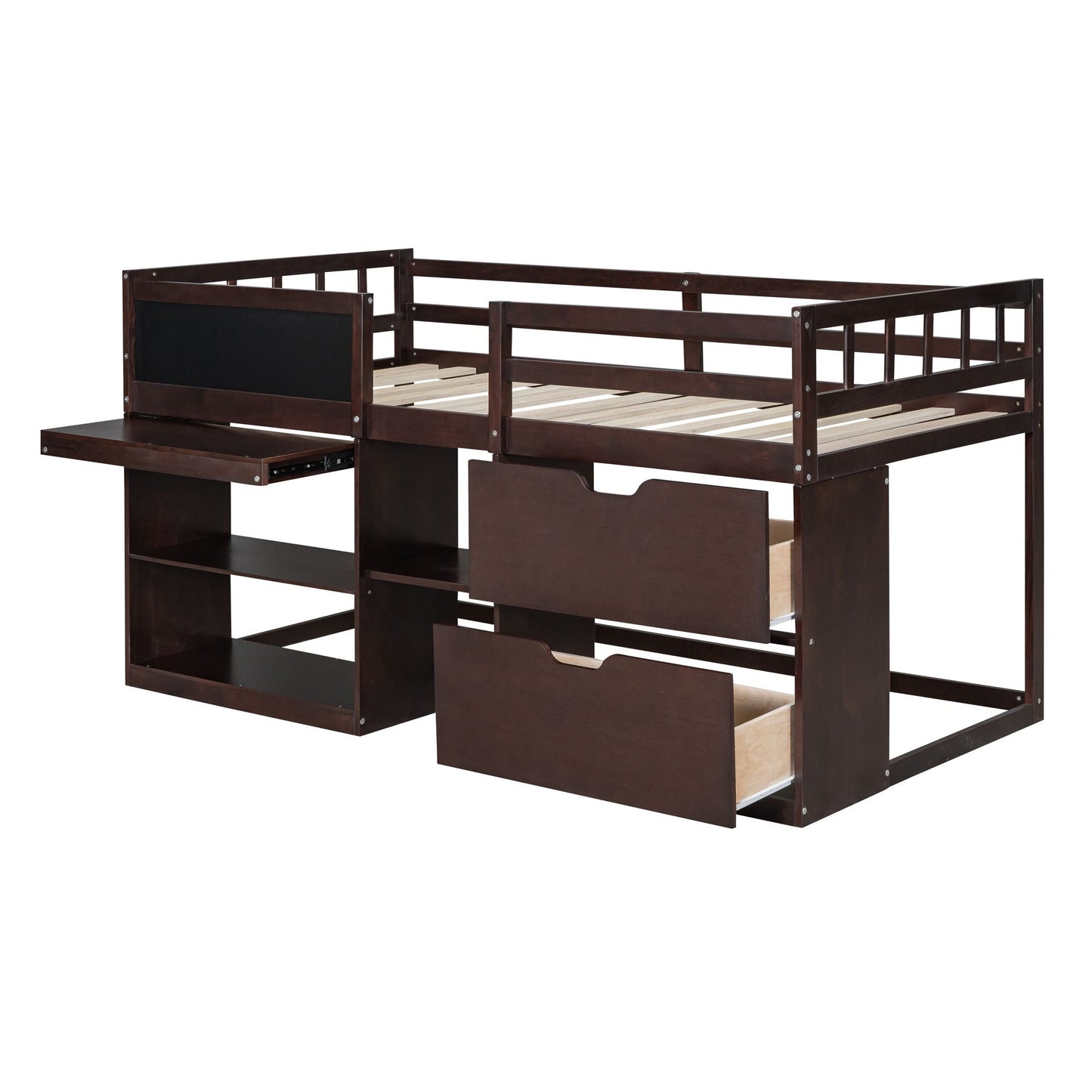 Space-Saving Twin Low Loft Wood Bed with Rolling Desk, Shelf, Drawers, White | Just Better Bunk Beds
