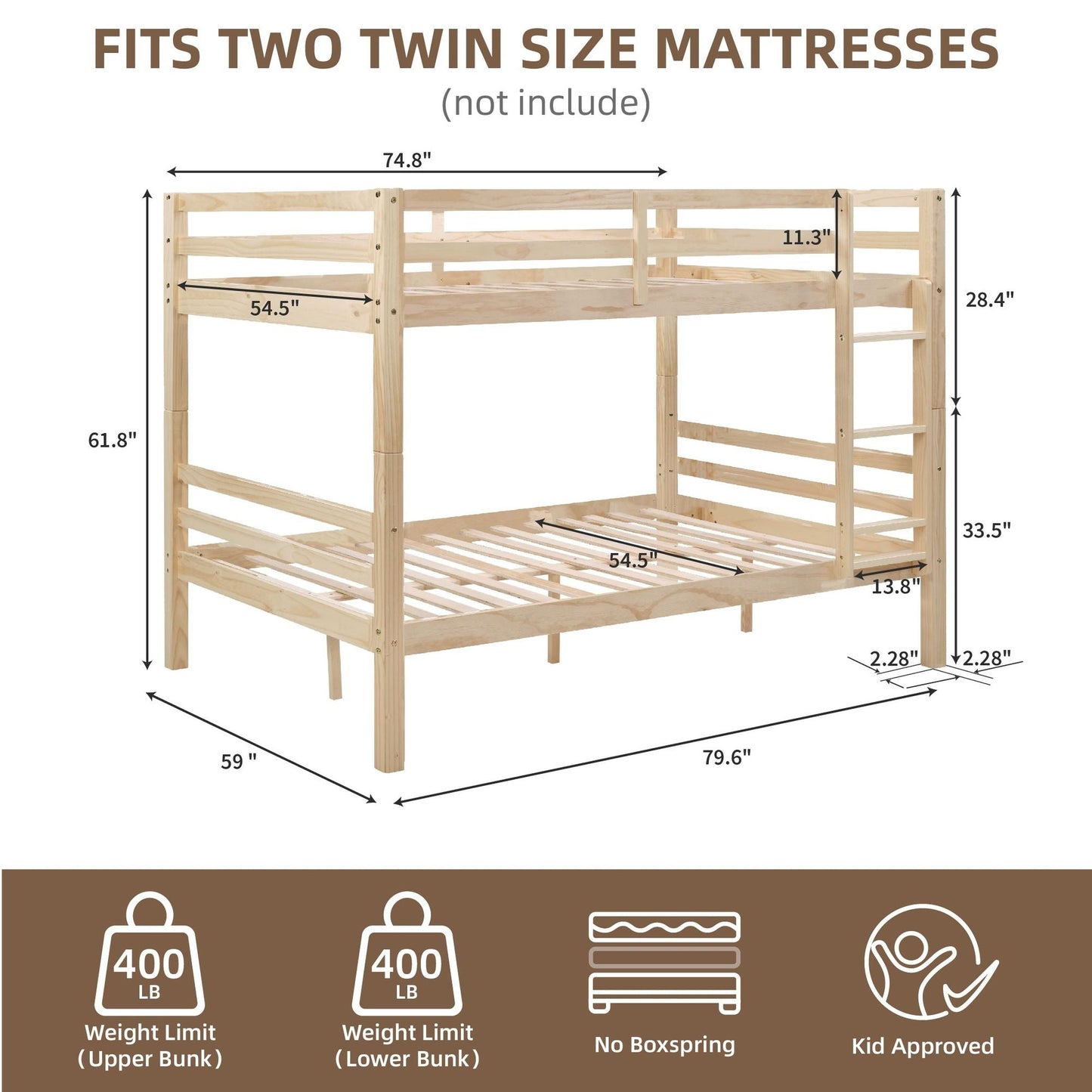 Heavy-Duty Full Over Full Wood Bunk Bed with Thick Posts, High Guardrail, Ladder, Natural | Just Better Bunk Beds