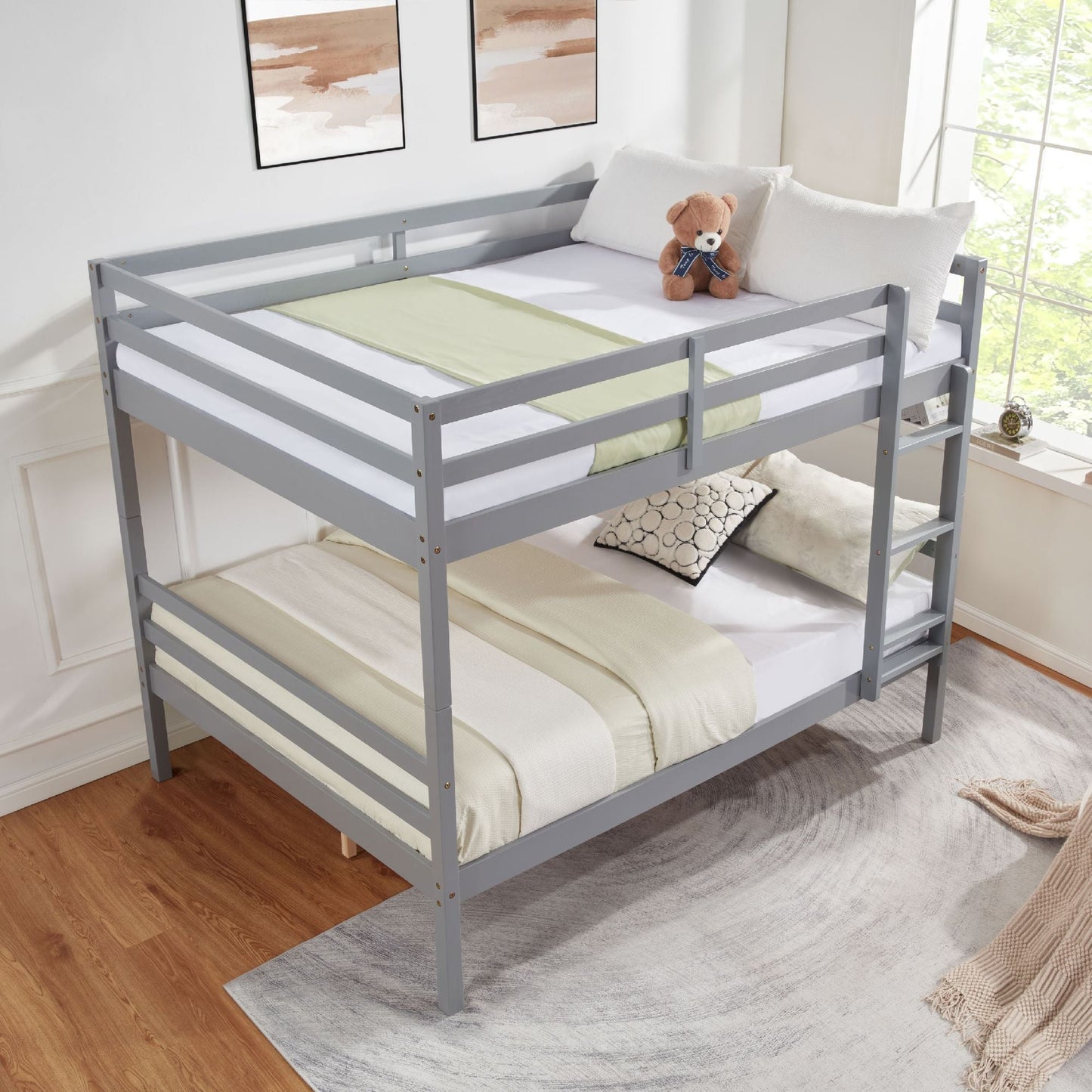 Space-Saving Full Over Full Wood Bunk Bed, Gray with Ladder and High Guardrail | Just Better Bunk Beds