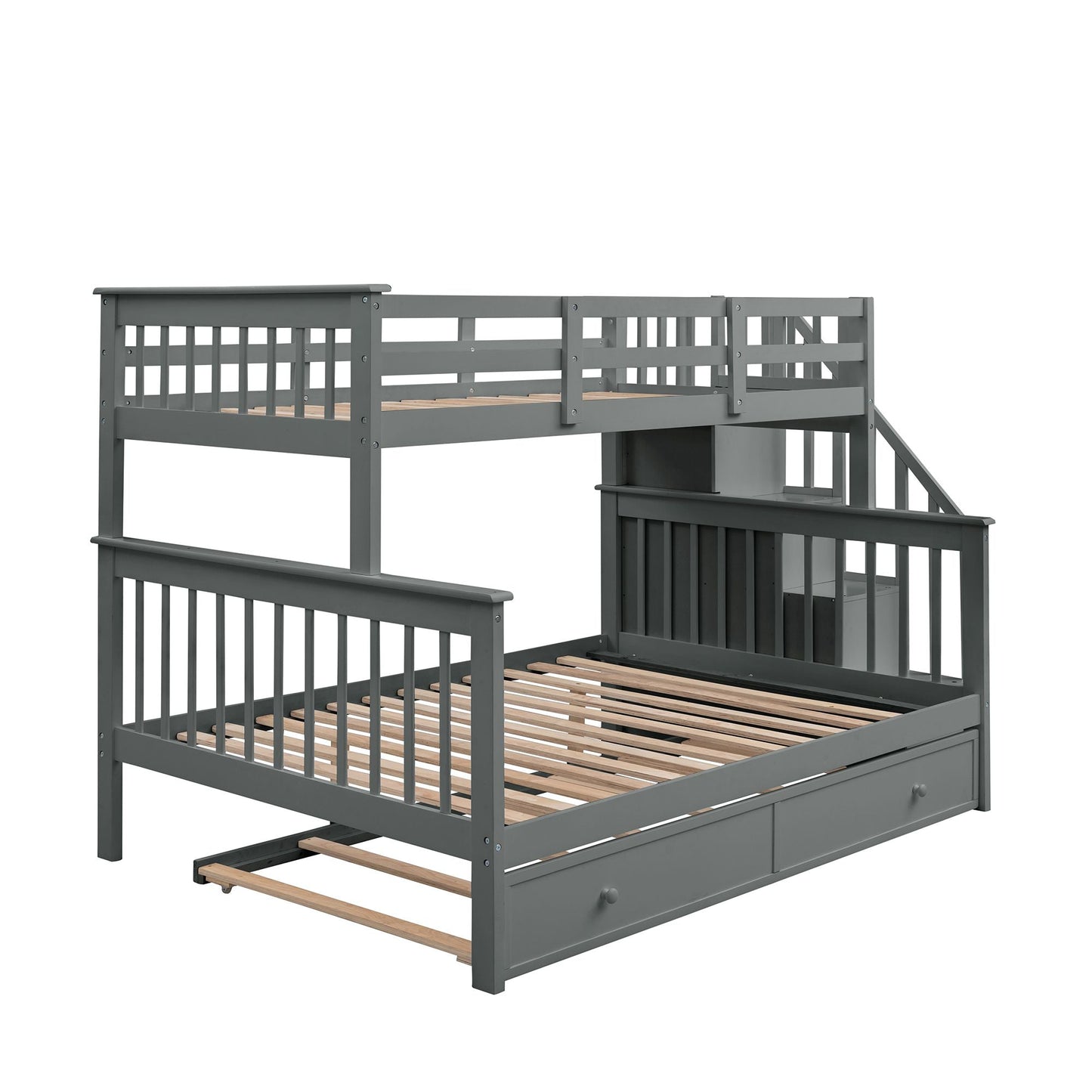 Staircase Storage Twin Over Full Wood Bunk Bed with Trundle, Storage, and Guard Rail, Gray | Just Better Bunk Beds