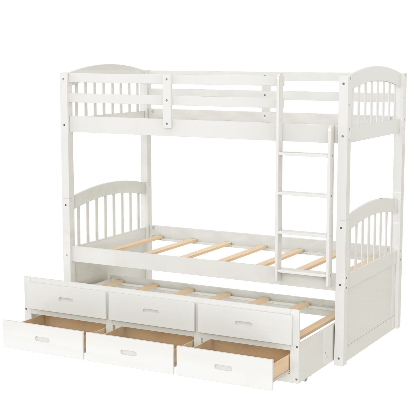 Space-Saving Twin Over Twin Wood Bunk Bed, White with Trundle and Drawers | Just Better Bunk Beds