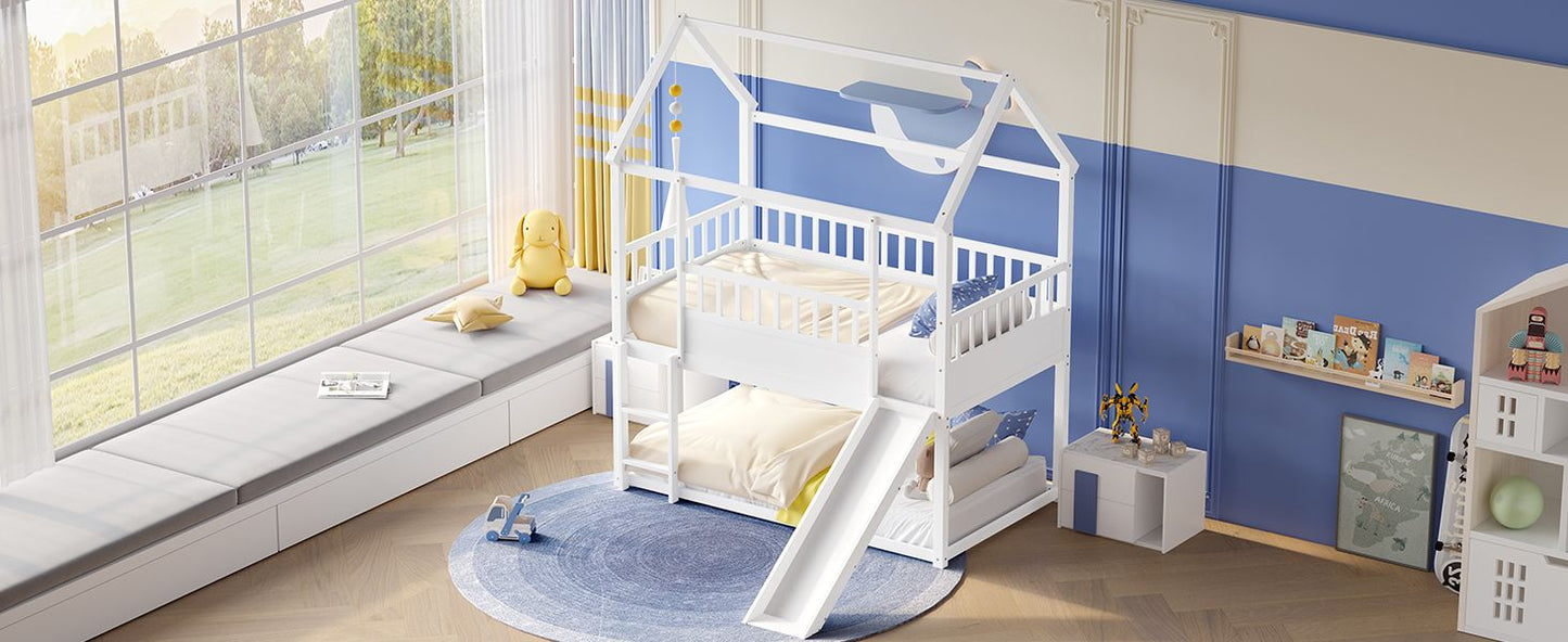 House-Style Twin Over Twin Wood Bunk Bed with Convertible Slide and Guardrail, White | Just Better Bunk Beds