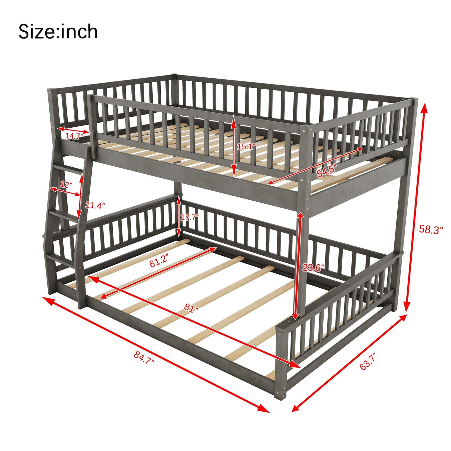 Space-Saving Full XL Over Queen Wood Bunk Bed with Ladder and Guardrails, Gray | Just Better Bunk Beds