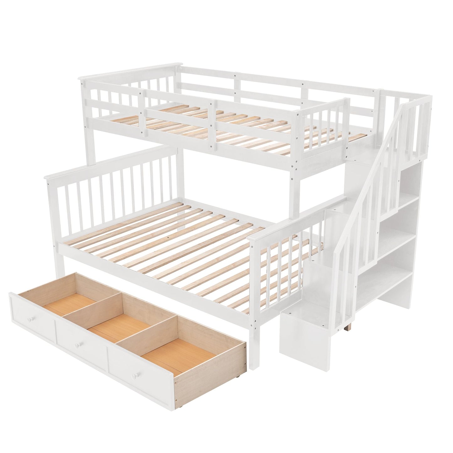 Stairway Twin-Over-Full Bunk Bed with Drawer,  Storage and Guard Rail for Bedroom,  Dorm,  for Adults,  White