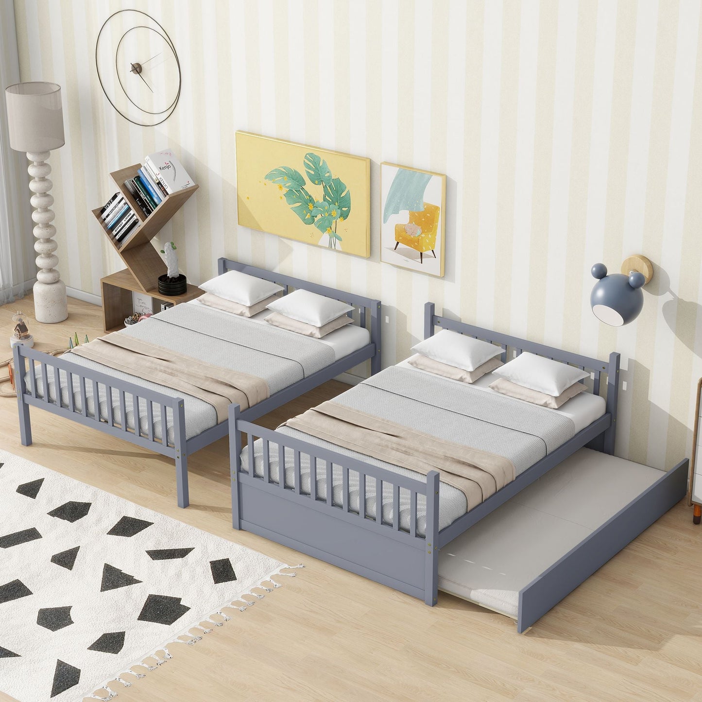 Convertible Full Over Full Wood Bunk Bed with Trundle and Ladder, Gray | Just Better Bunk Beds