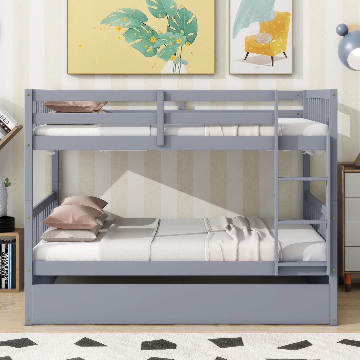 Convertible Full Over Full Rubber Wood Bunk Bed with Trundle, Ladder, and Guardrails, Gray | Just Better Bunk Beds