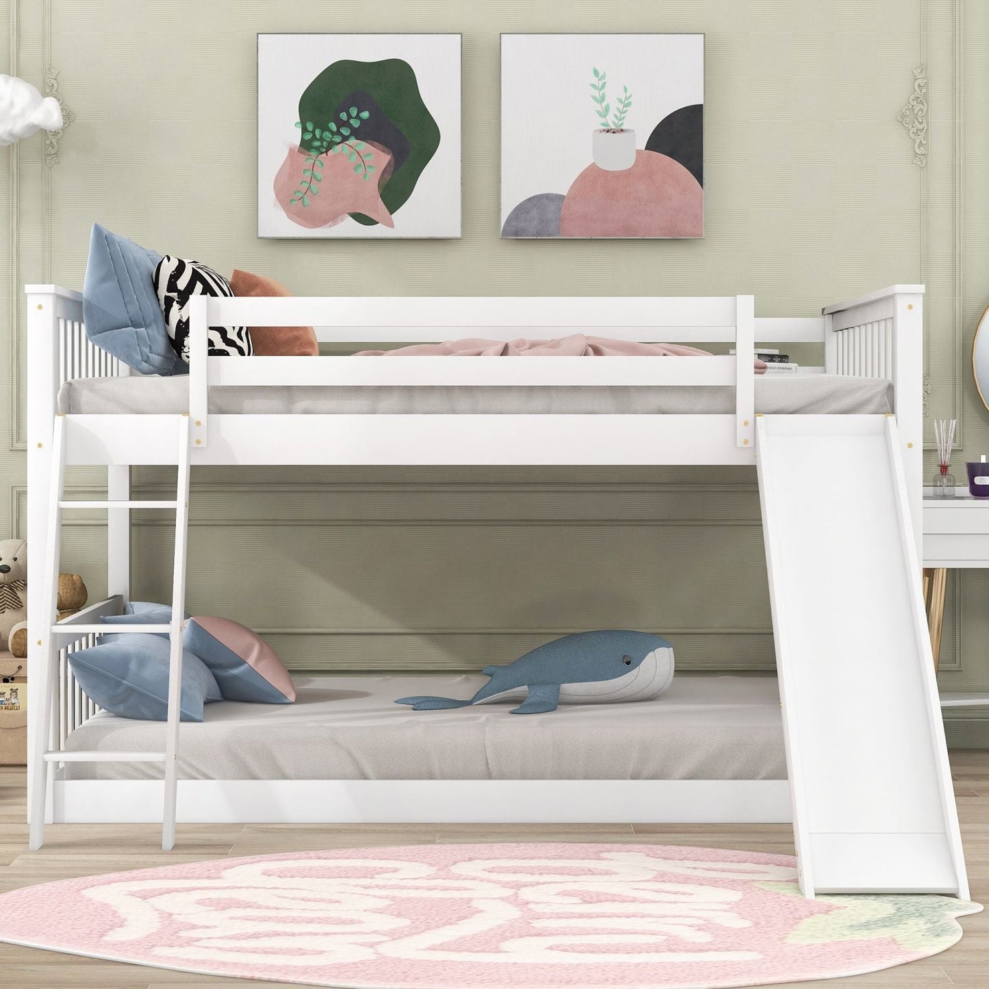 House-Style Full Over Full Wood Bunk Bed with Convertible Slide and Ladder, White | Just Better Bunk Beds