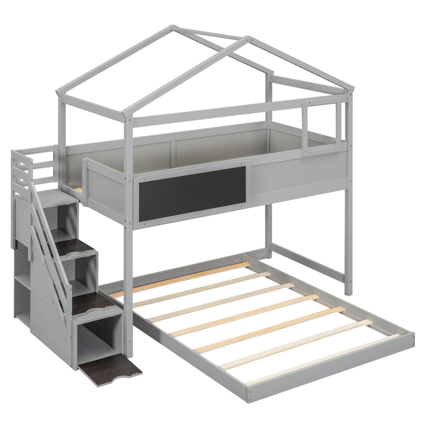 Staircase Storage Twin Over Full Wood House Bunk Bed with Blackboard, Gray and White | Just Better Bunk Beds