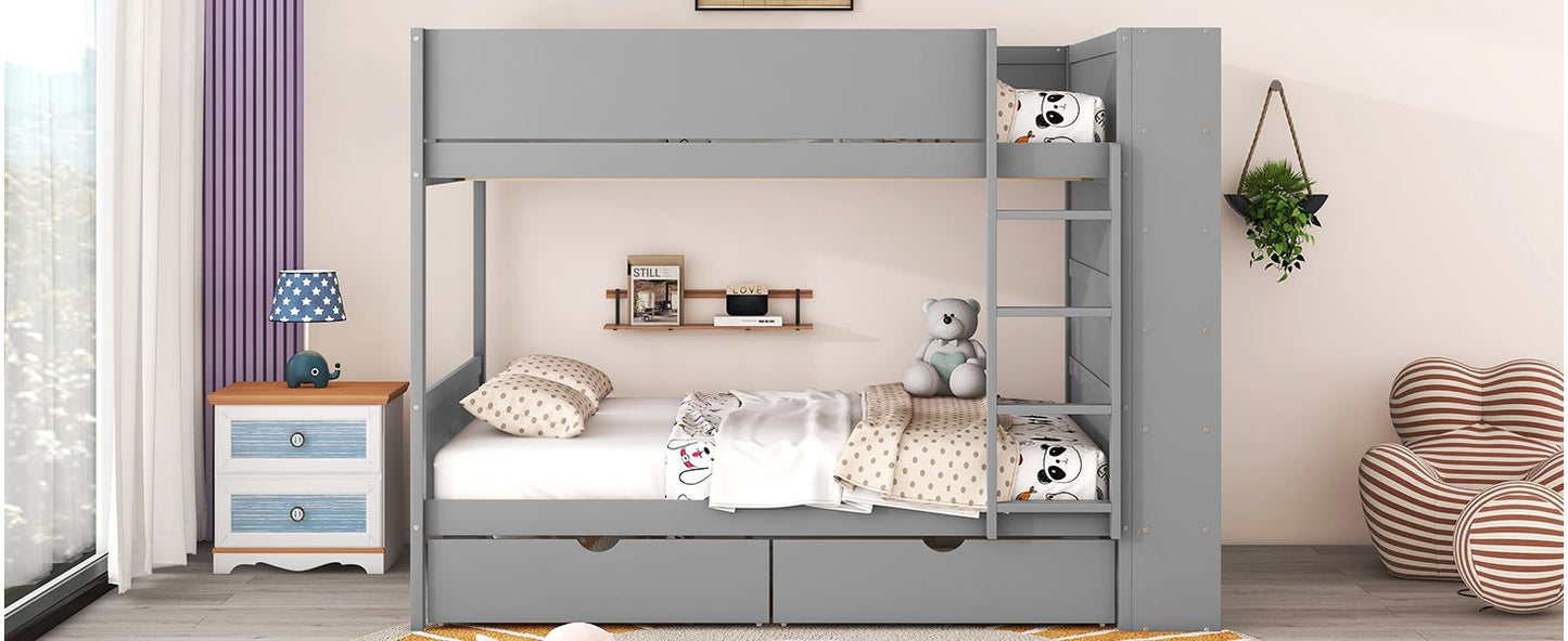 Storage Full Over Full Wood Bunk Bed with 2 Drawers and Multi-Layer Cabinet, Gray | Just Better Bunk Beds