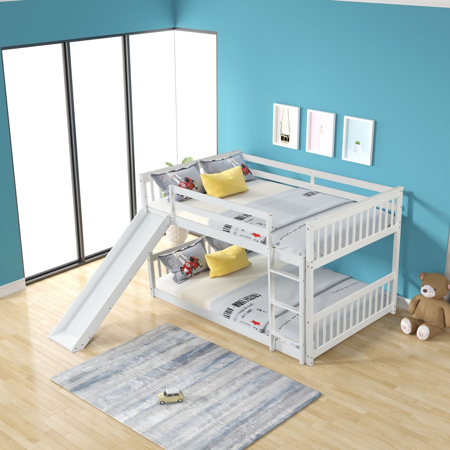 Space-Saving Full Over Full Wood Bunk Bed with Slide and Safety Guardrails, White | Just Better Bunk Beds