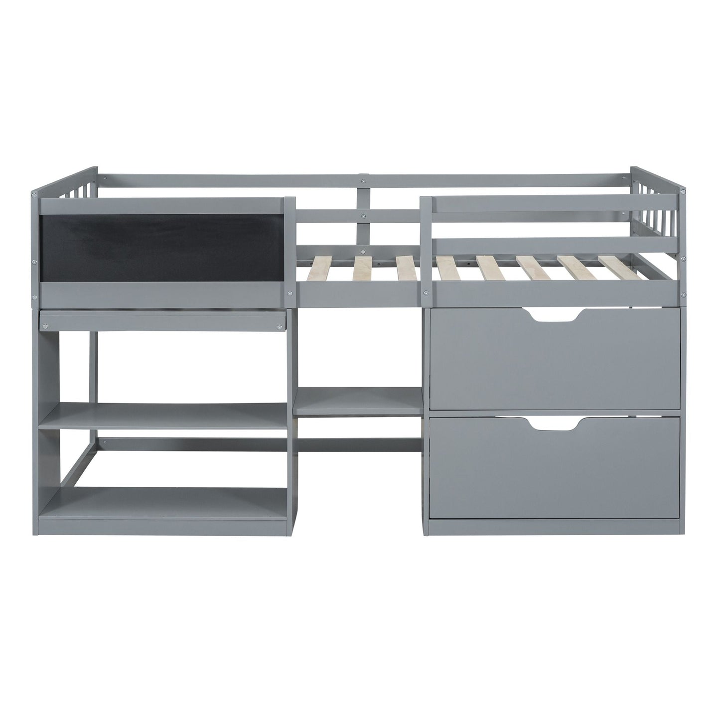 Space-Saving Twin Low Loft Wood Bed with Rolling Desk, Shelf, Drawers, White | Just Better Bunk Beds
