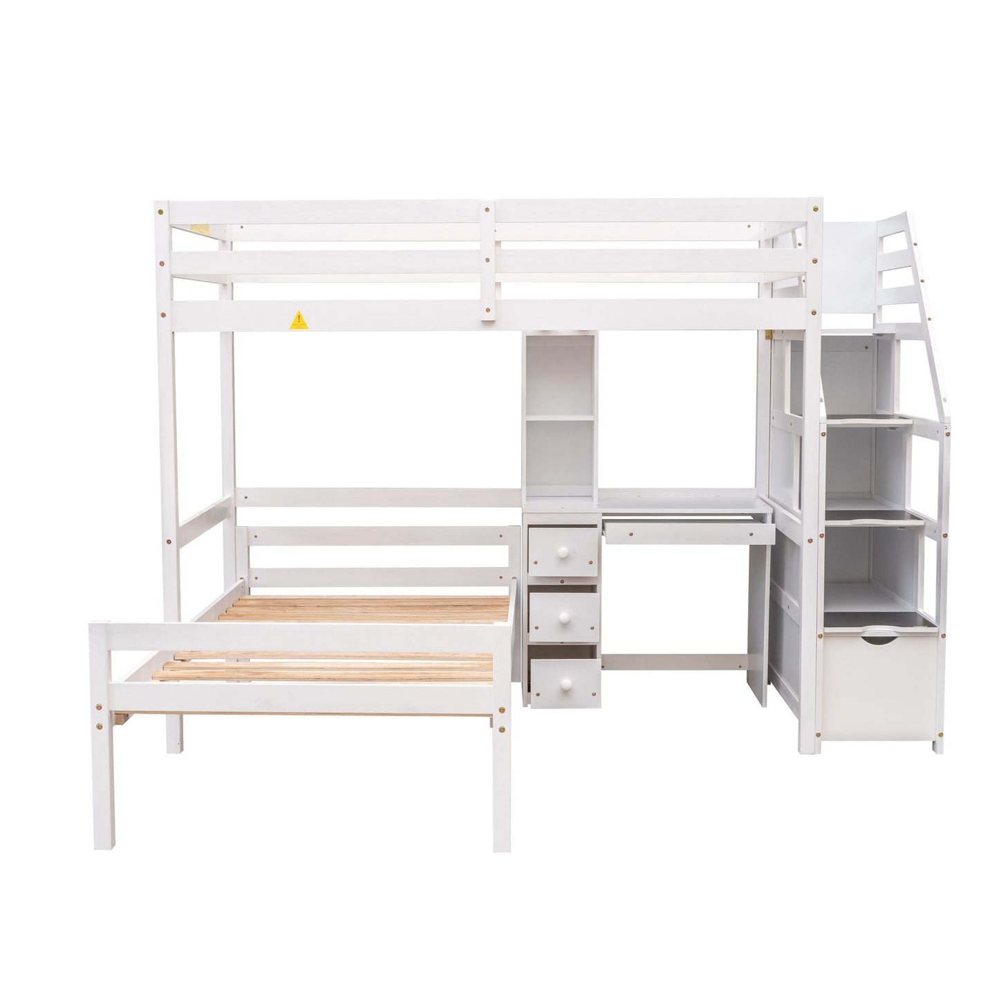 Space-Saving Twin Wood Loft Bed with Stand-Alone Bed, Storage Staircase, Desk, Shelves and Drawers, White | Just Better Bunk Beds