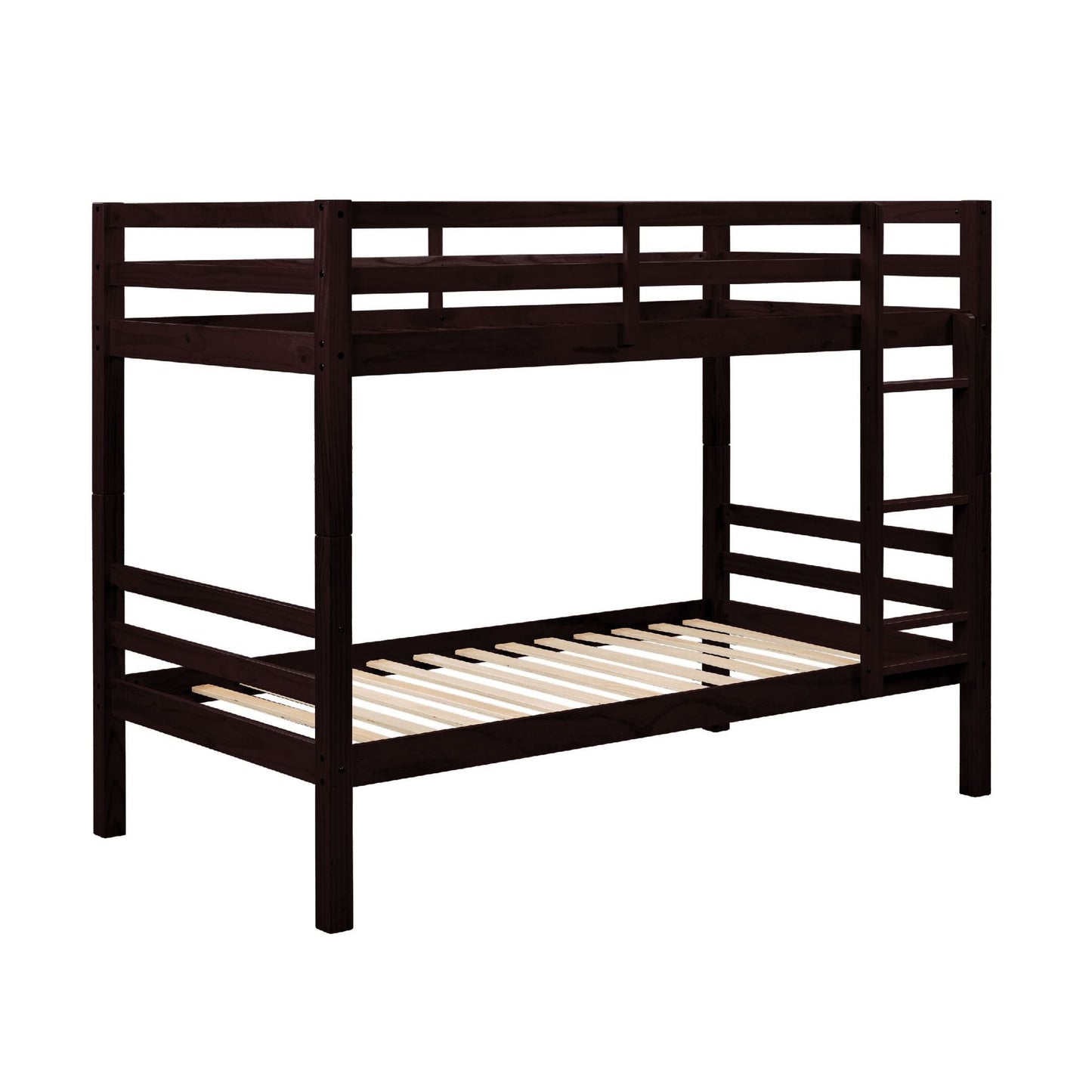 Heavy-Duty Twin Over Twin Wood Bunk Bed, Espresso with Thick Posts, Ladder, and High Guardrail | Just Better Bunk Beds