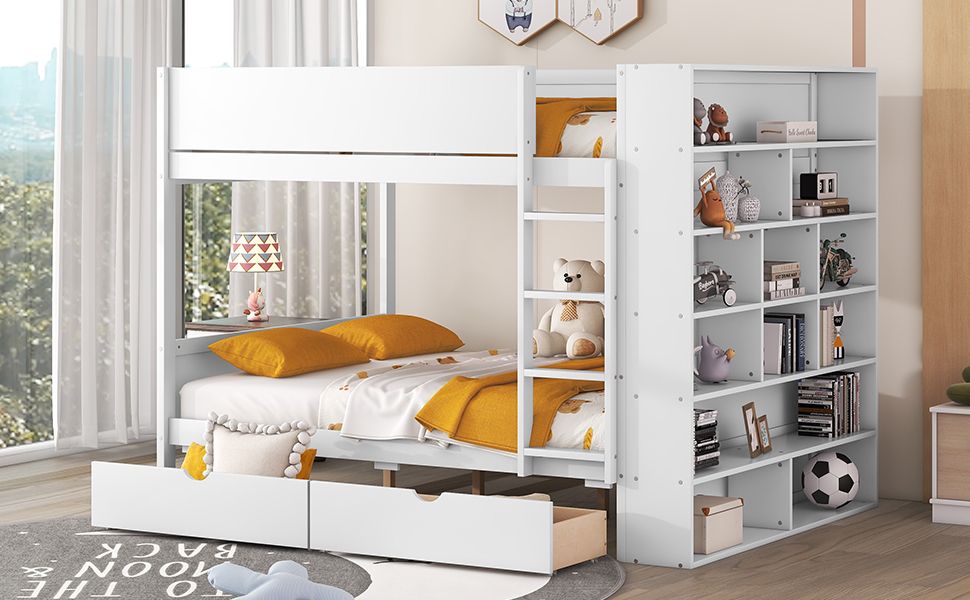 Organized Full Over Full Wood Bunk Bed with 2 Drawers and Multi-Layer Cabinet, White | Just Better Bunk Beds