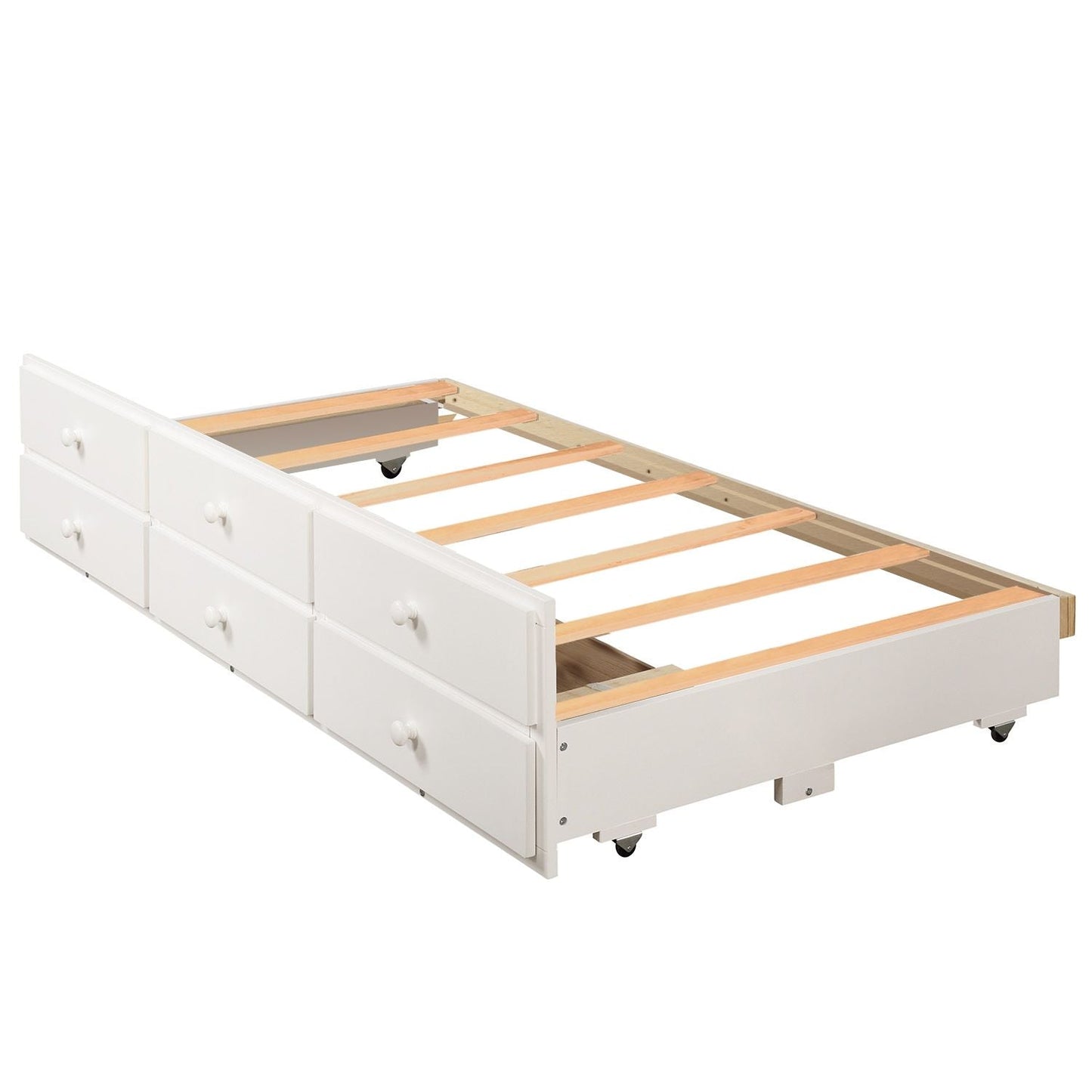 Space-Saving Twin Wood Bunk Bed with Ladder, Safety Rail, Twin Trundle and 3 Drawers, White | Just Better Bunk Beds