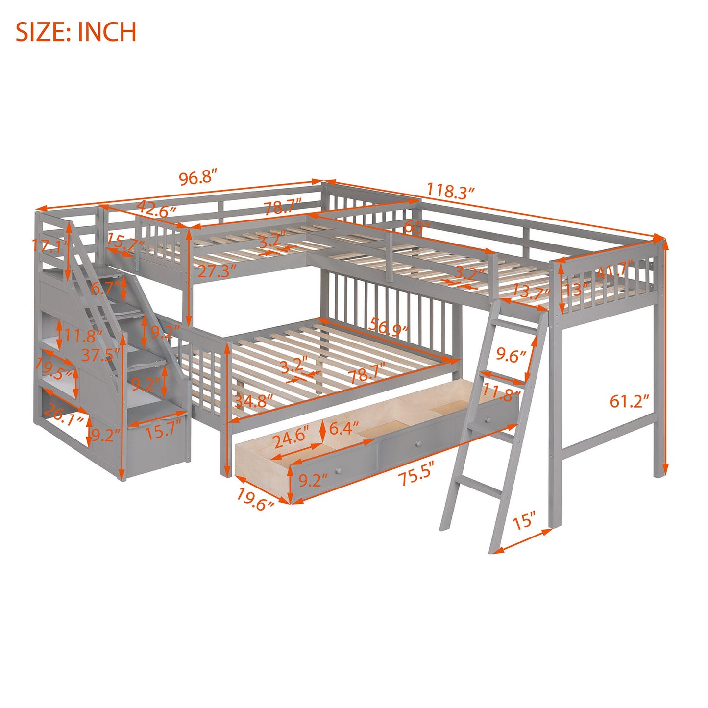 L-Shaped Twin Over Full Wood Bunk Bed with Drawers, Ladder and Staircase, Gray | Just Better Bunk Beds